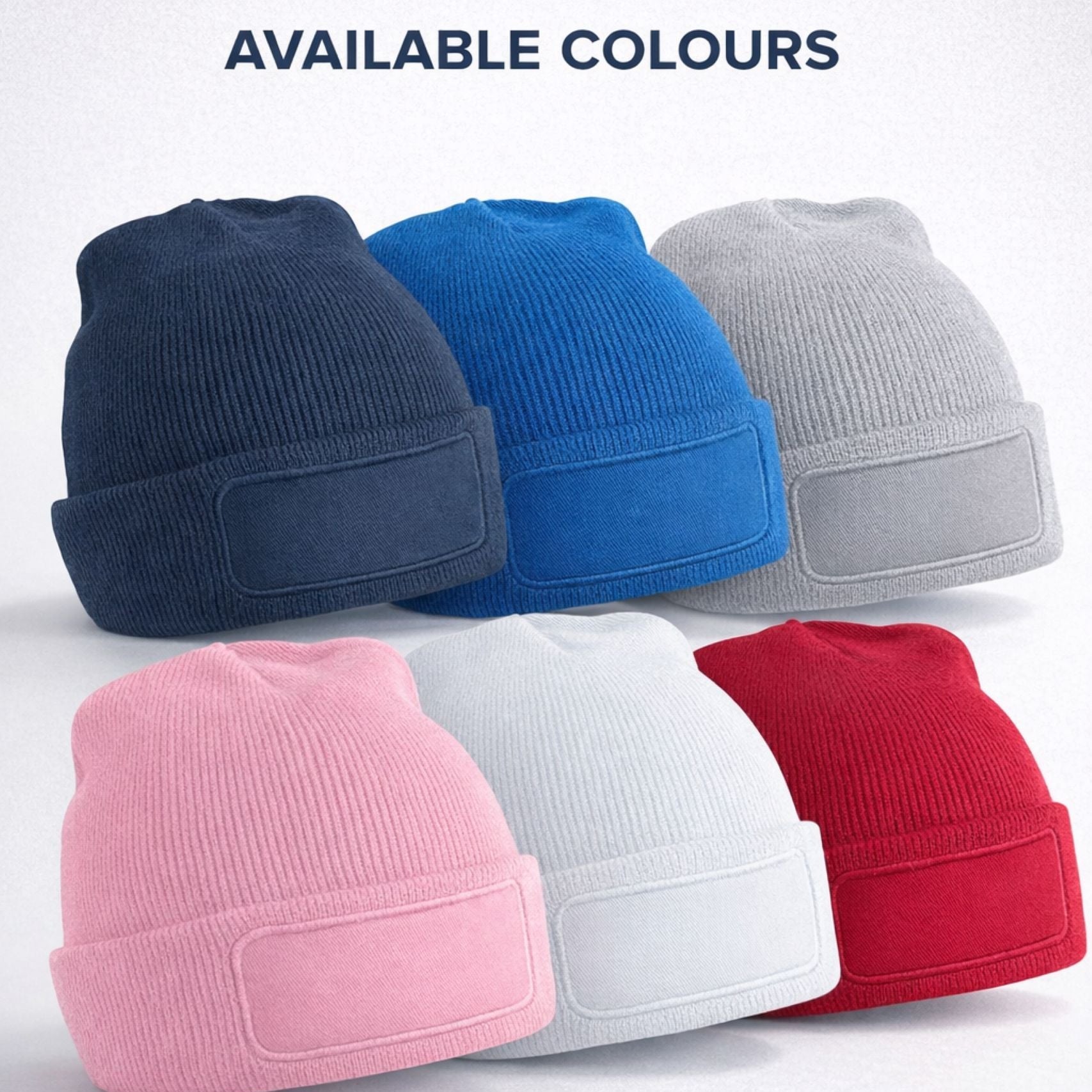 Workwear beanie hats available colours with front embroidery patch area