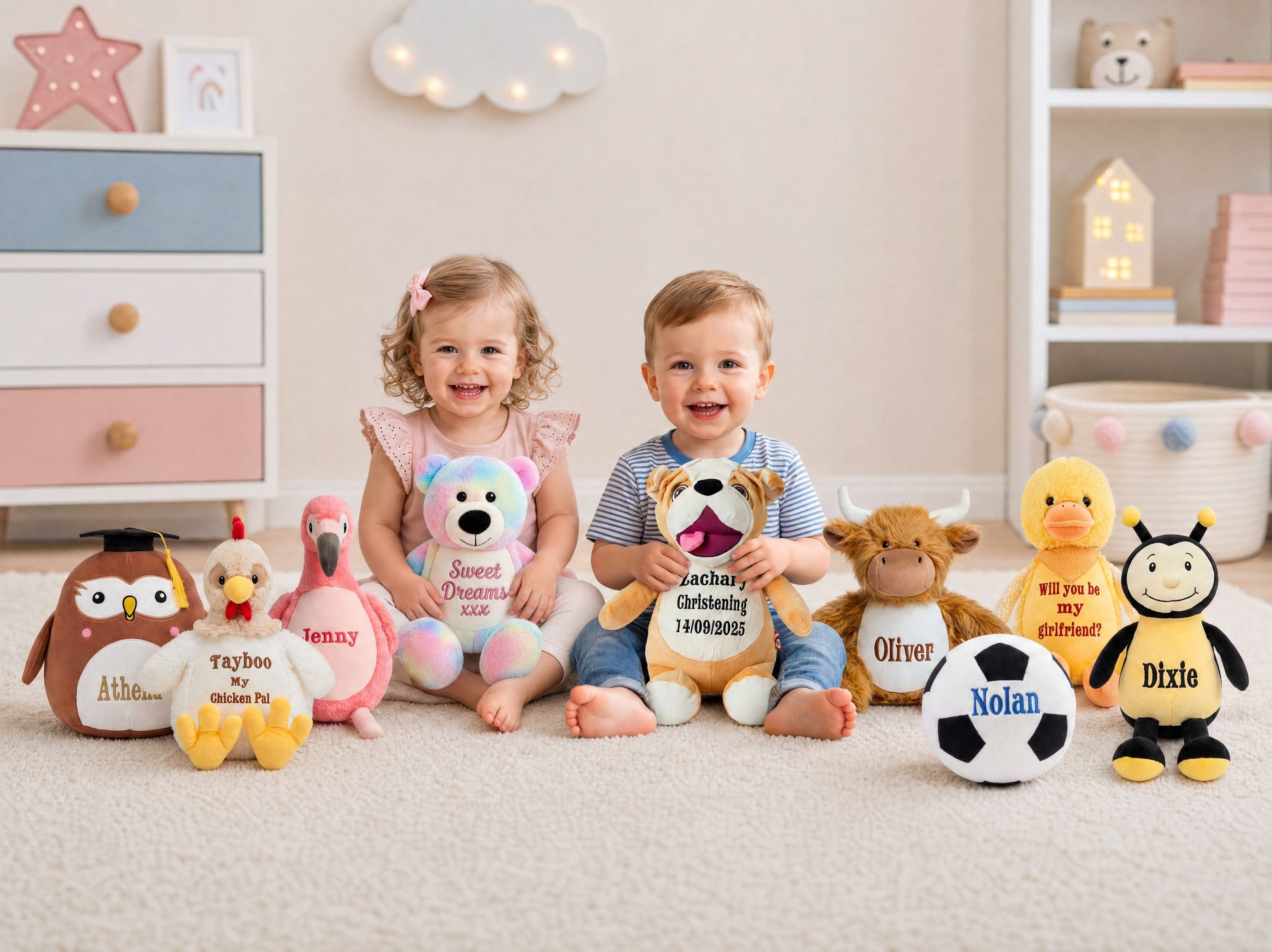 Plush Toys

Beautifully soft plush toys, personalised with embroidered names, dates, or messages. Thoughtfully embroidered to create keepsakes for babies, children, and adults alike.