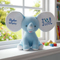 Front view of Crumble, a personalised blue plush elephant ready for embroidery 🐘