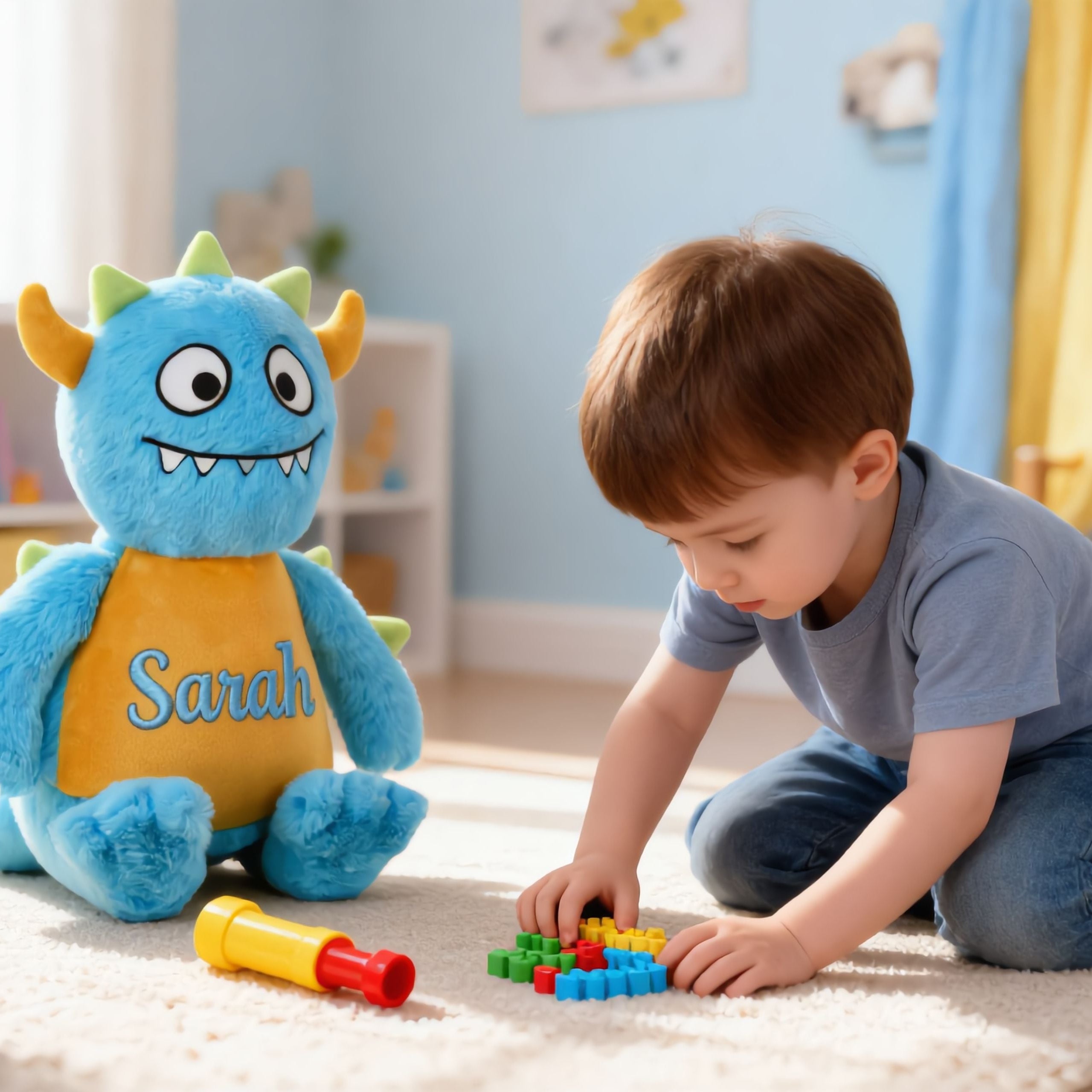 Child playing with personalised blue monster plush toy soft cuddly teddy
