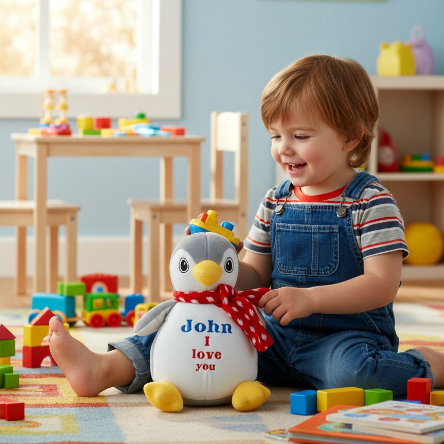 Boy playing with embroidered plush penguin Oskar