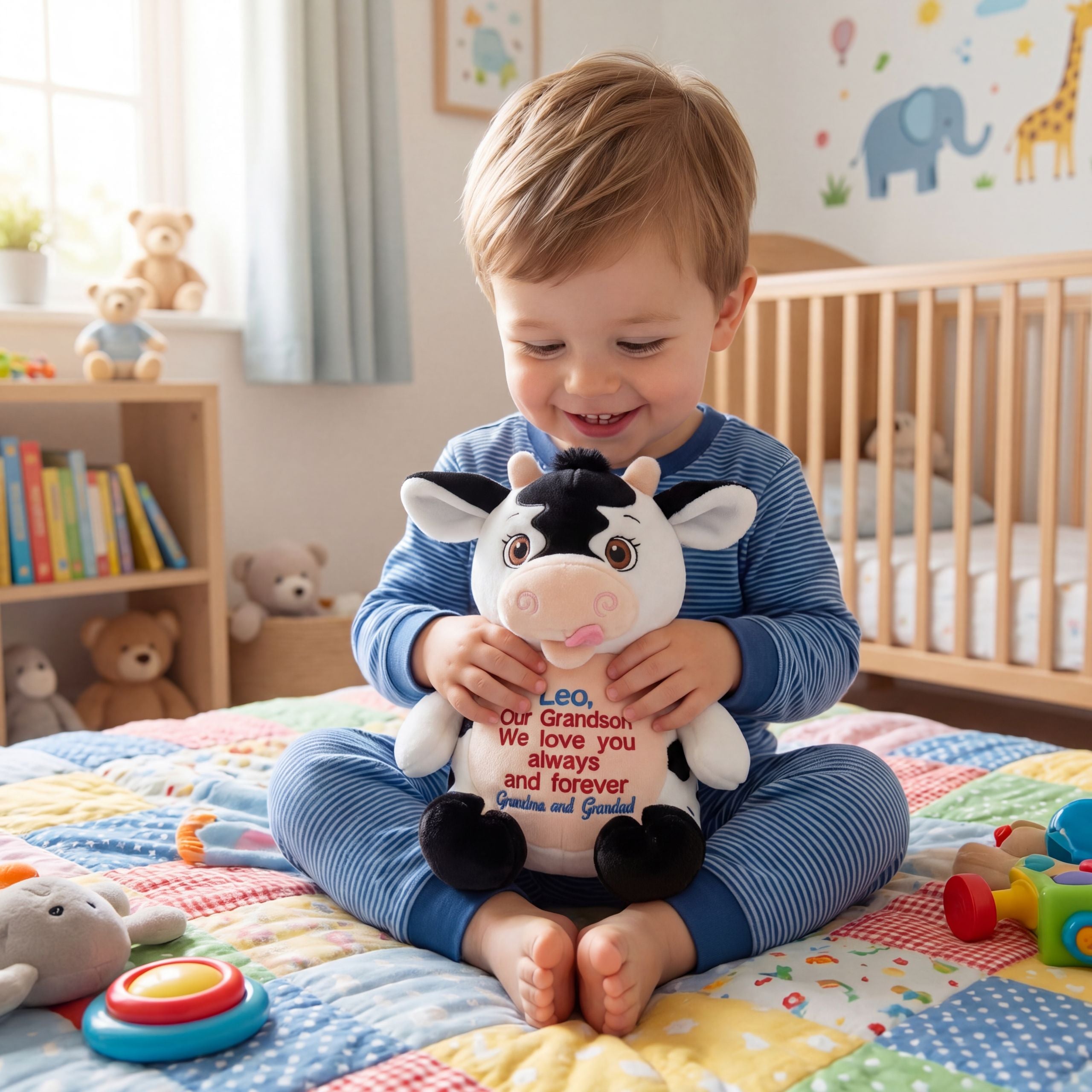 Boy playing with Button personalised plush signature cow, custom embroidered gift for children. 