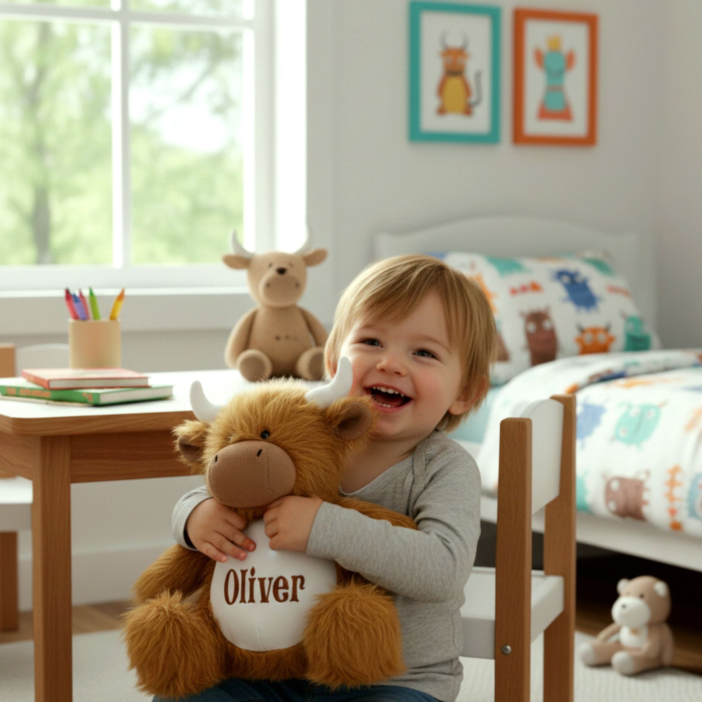 Child hugging personalised plush Highland Cow Oliver