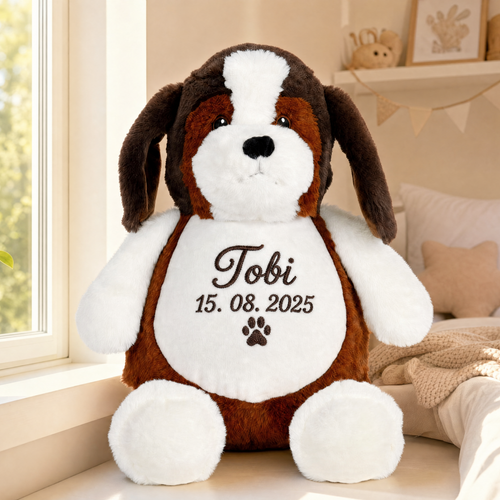 Personalised Beagle plush dog Buddy sitting on a carpet in a children's bedroom