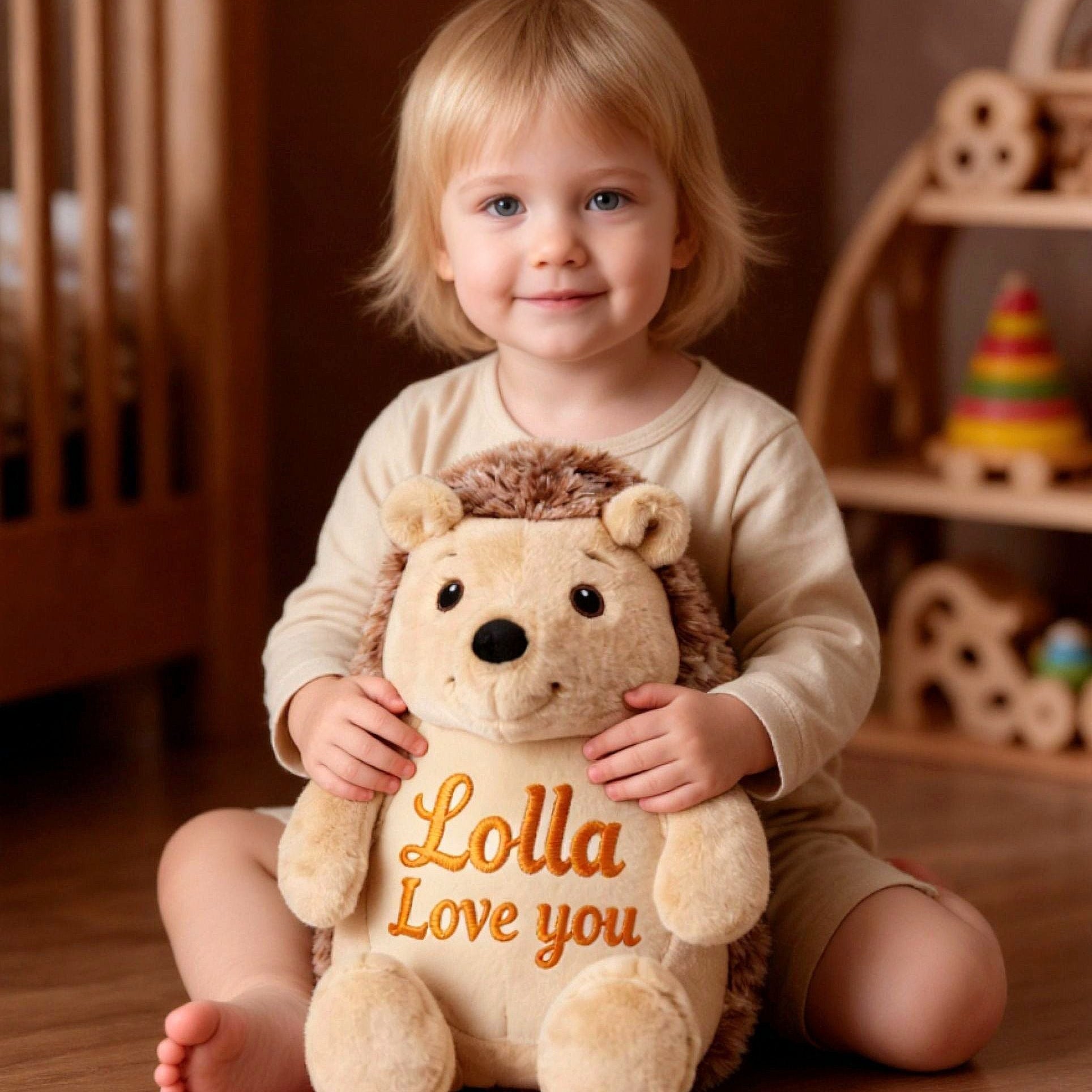 Young girl playing with personalised Quill hedgehog plush toy, custom name embroidered cuddly gift for children