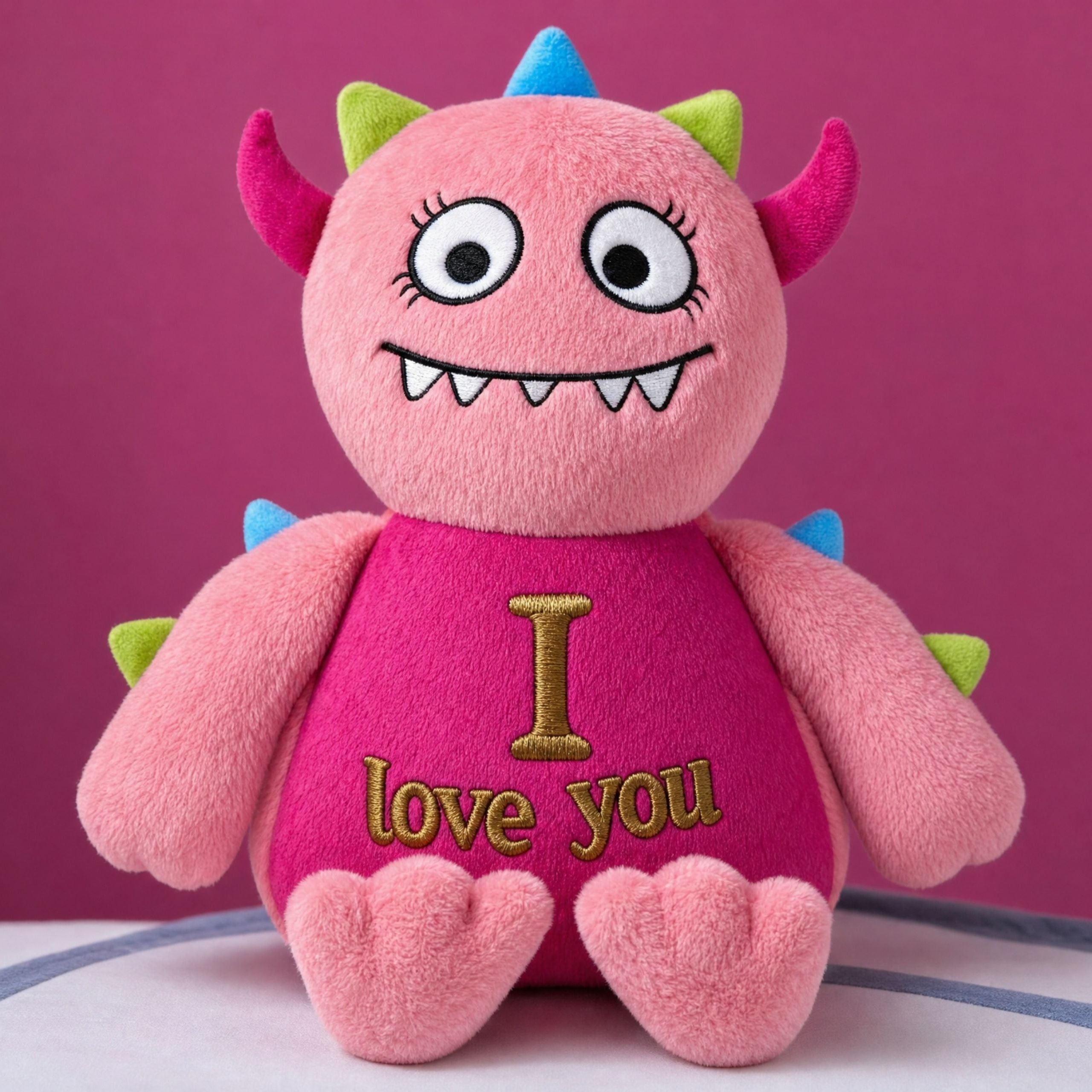 Close-up of Monty pink monster plush toy with personalised embroidered name