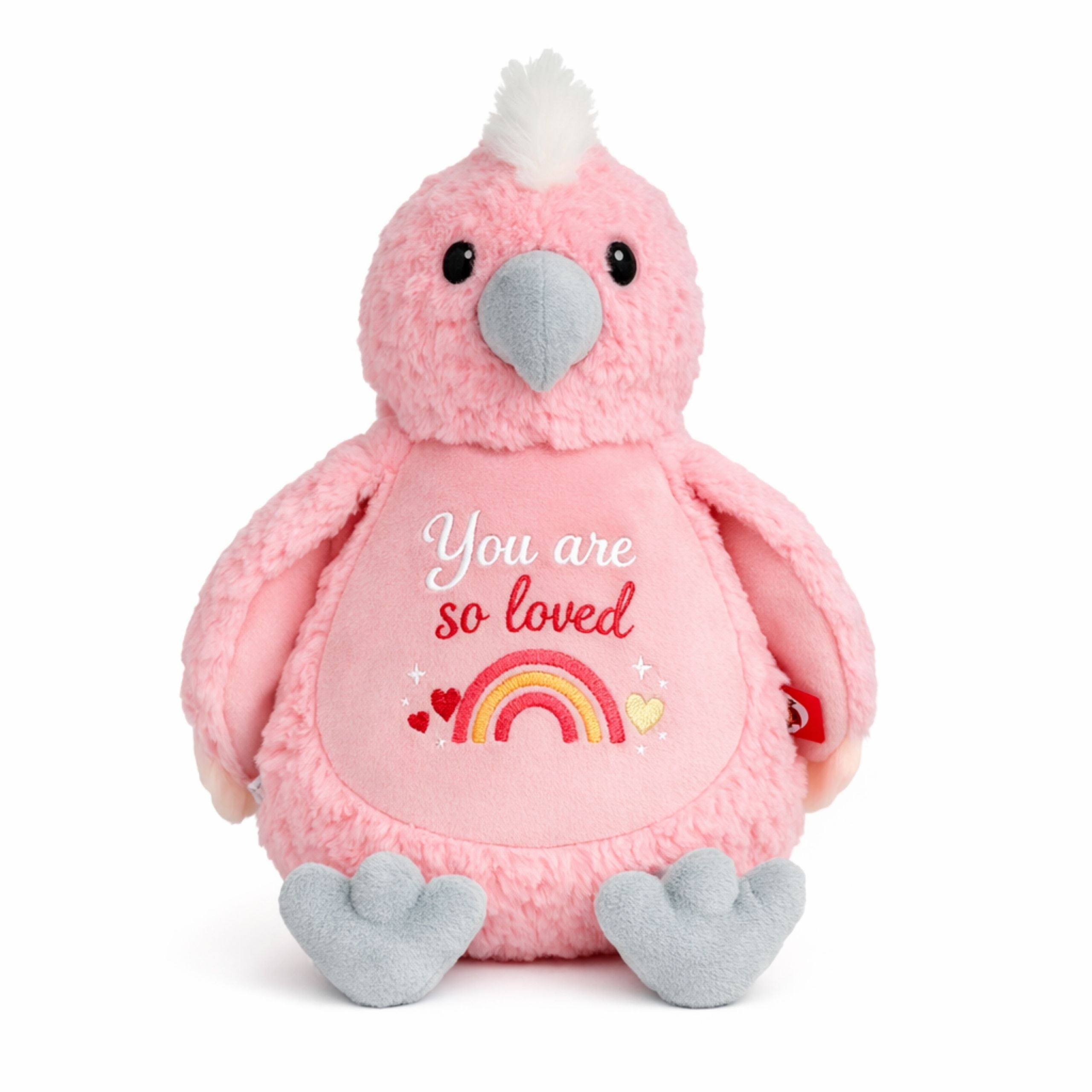 Hugo personalised plush cockatoo front view 🦜✨ embroidered soft toy gift