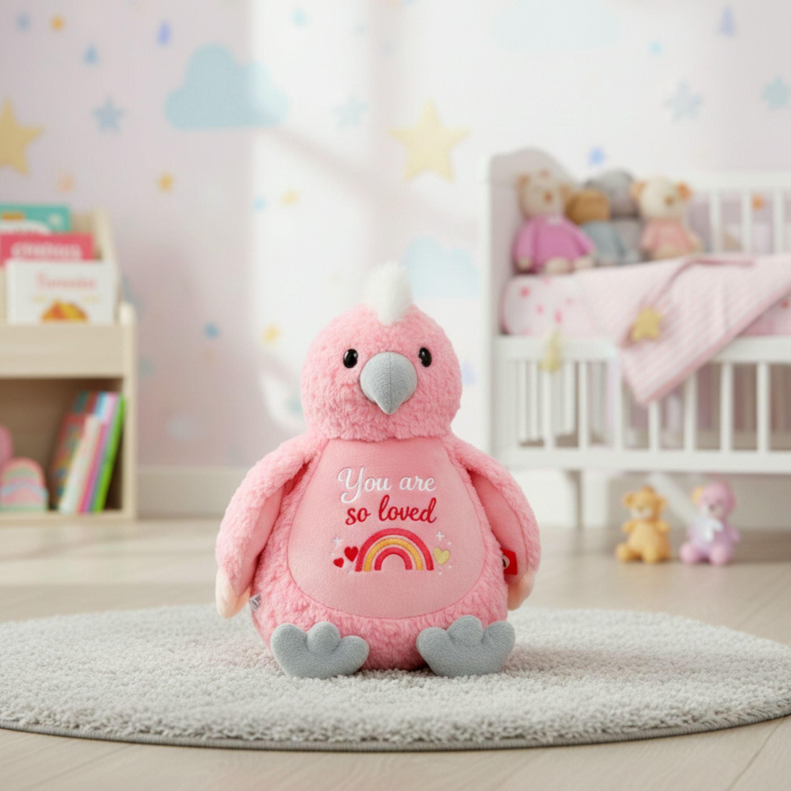 Hugo plush cockatoo sitting on the floor 🦜💗 personalised embroidered baby toy