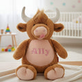 Personalised Plush Highland Cow Twix – front view, cuddly soft toy with embroidered name