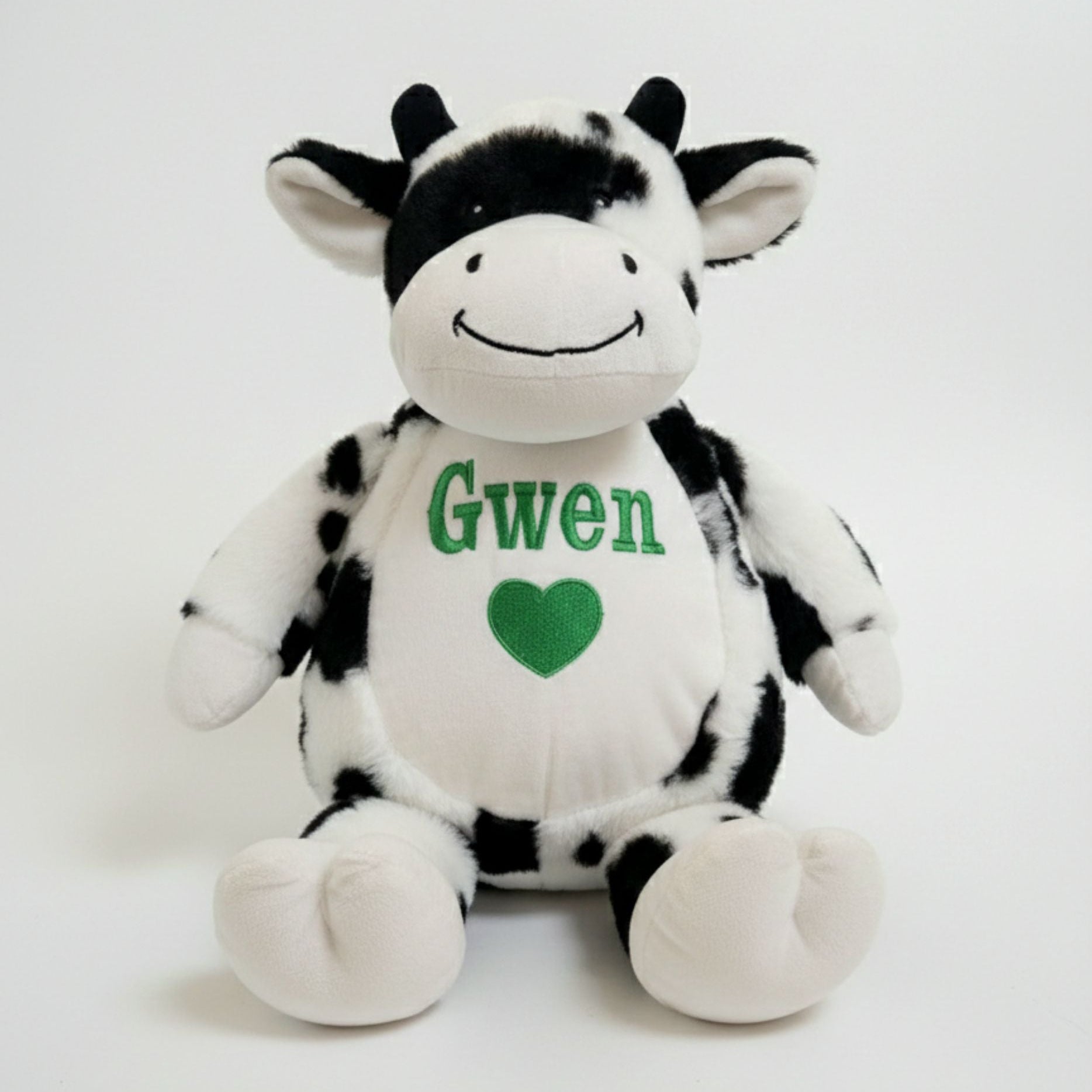 Personalised plush cow Snickers sitting facing forward