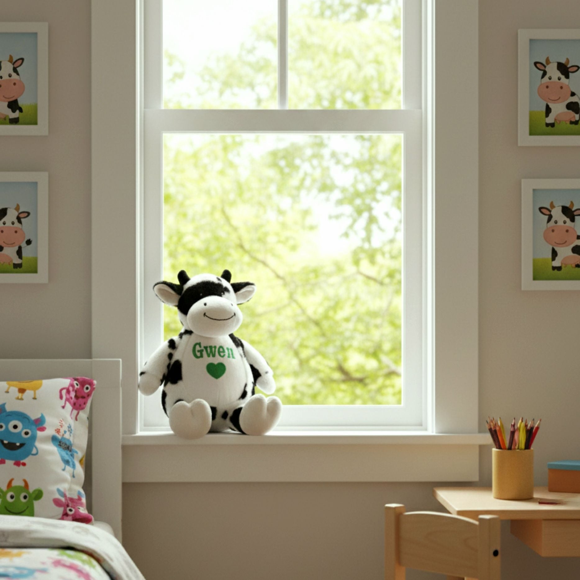 Personalised plush cow Snickers sitting on a window sill