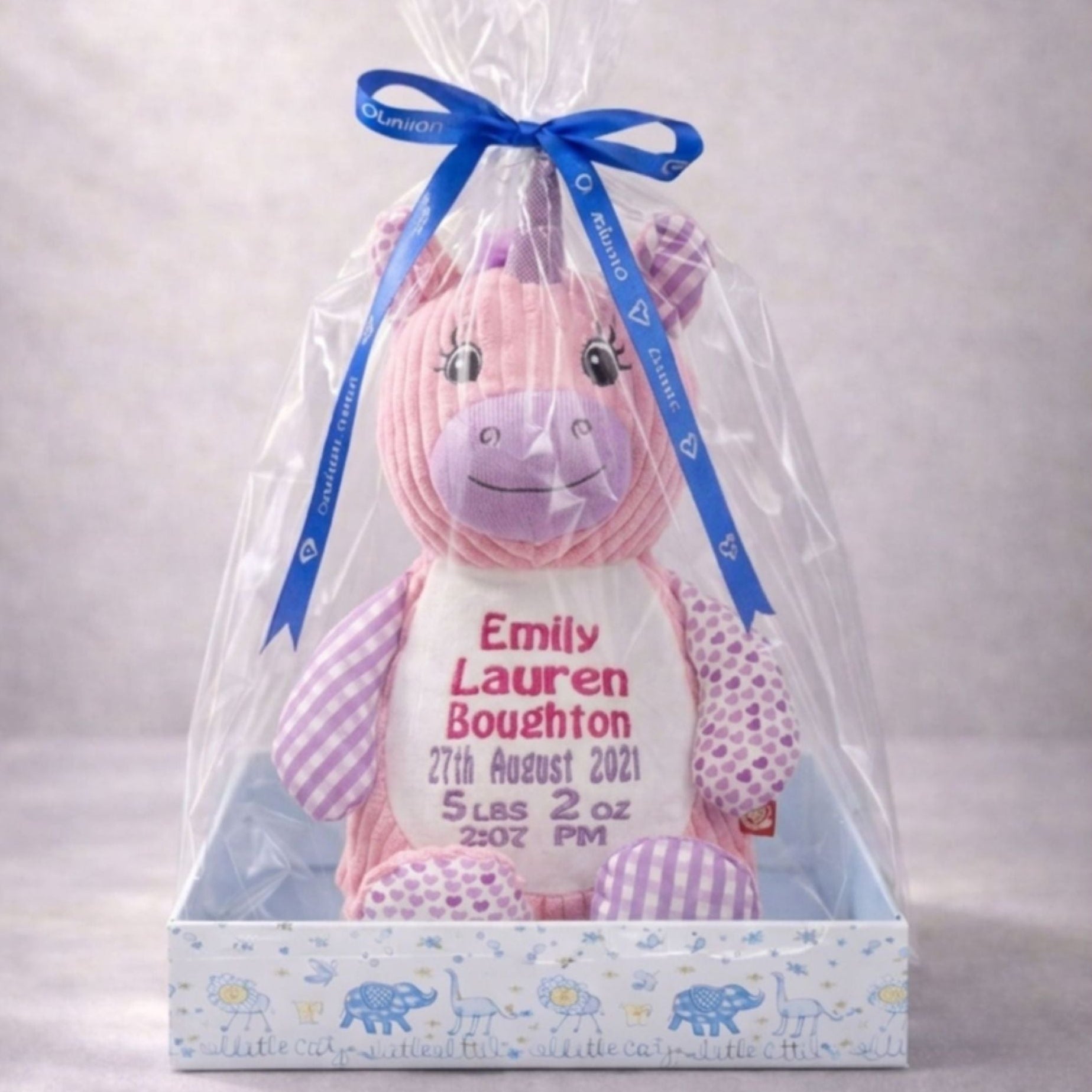 Personalised unicorn with embroidered name in blue gift box baby gift