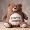 Close-up front view of a soft plush teddy bear showing detailed facial features and high-quality craftsmanship
