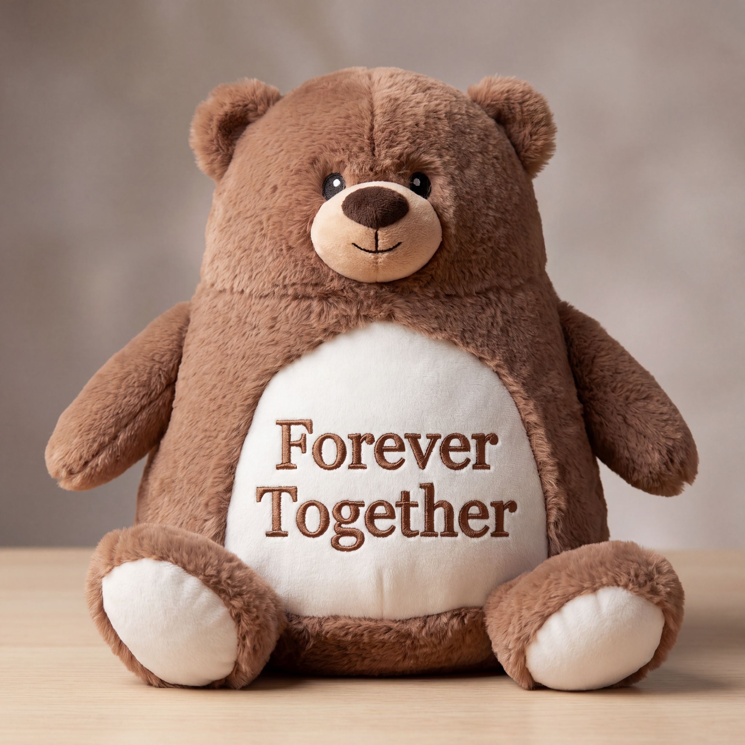 Close-up front view of a soft plush teddy bear showing detailed facial features and high-quality craftsmanship