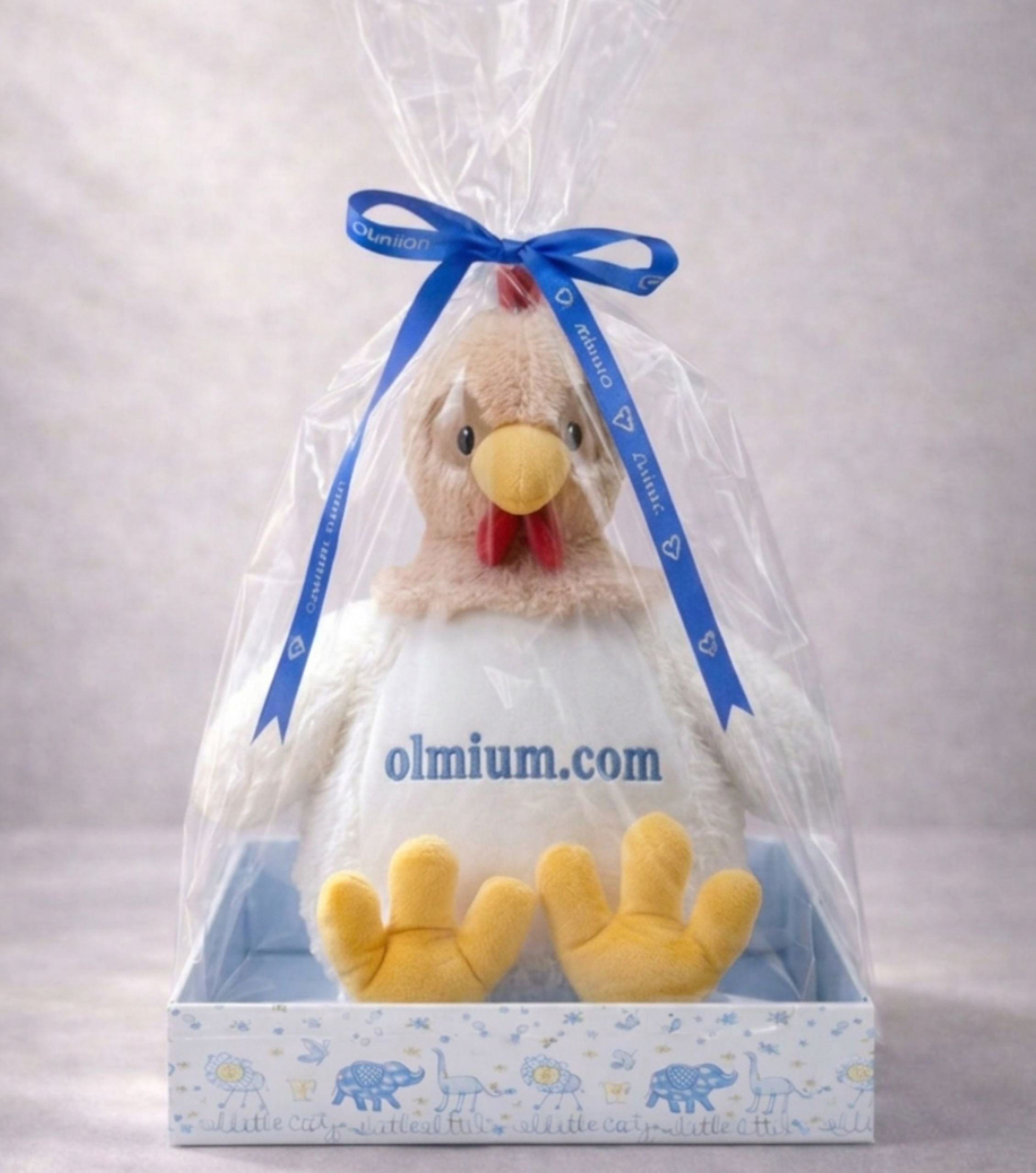 Personalised embroidered chicken plush toy packaged in a blue gift box, ideal for birthdays, Christmas, or unique gifts