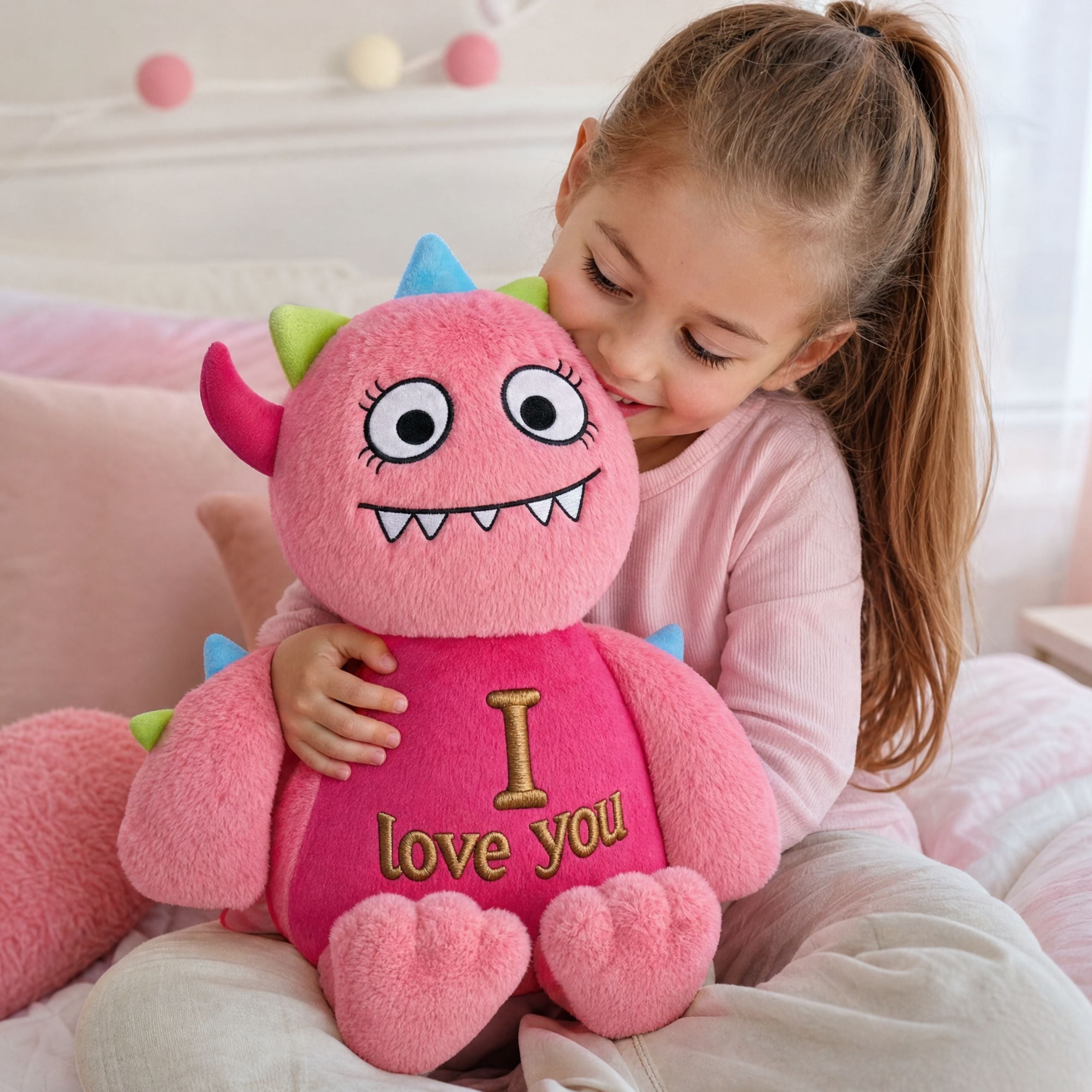 Girl playing with Monty personalised pink monster plush toy on a bed