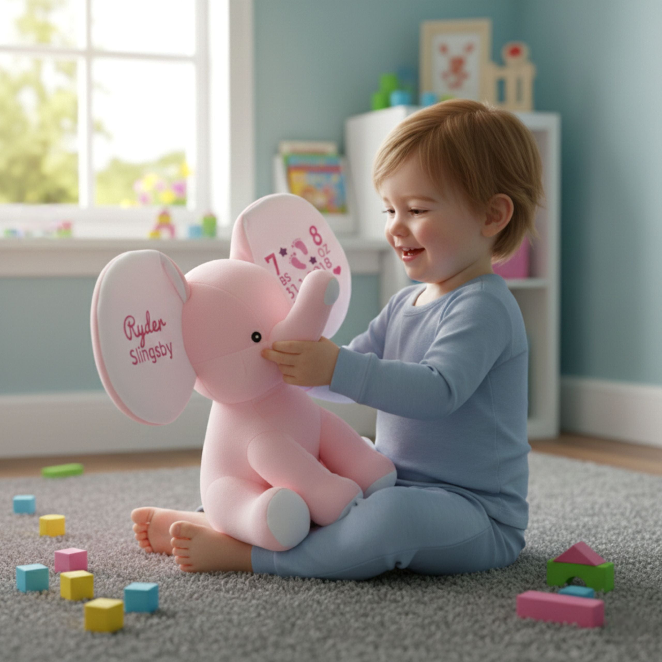 Little girl playing with Daisy, the cuddly personalised pink plush elephant
