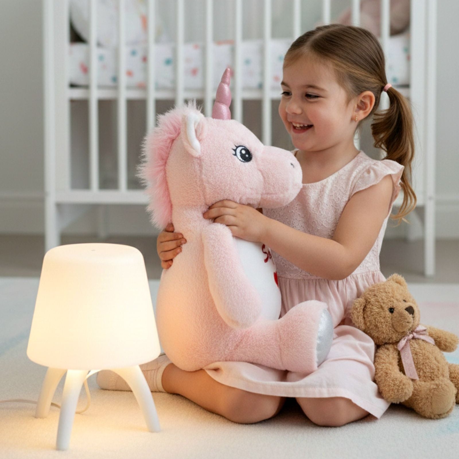 Child playing with personalised plush unicorn Luna