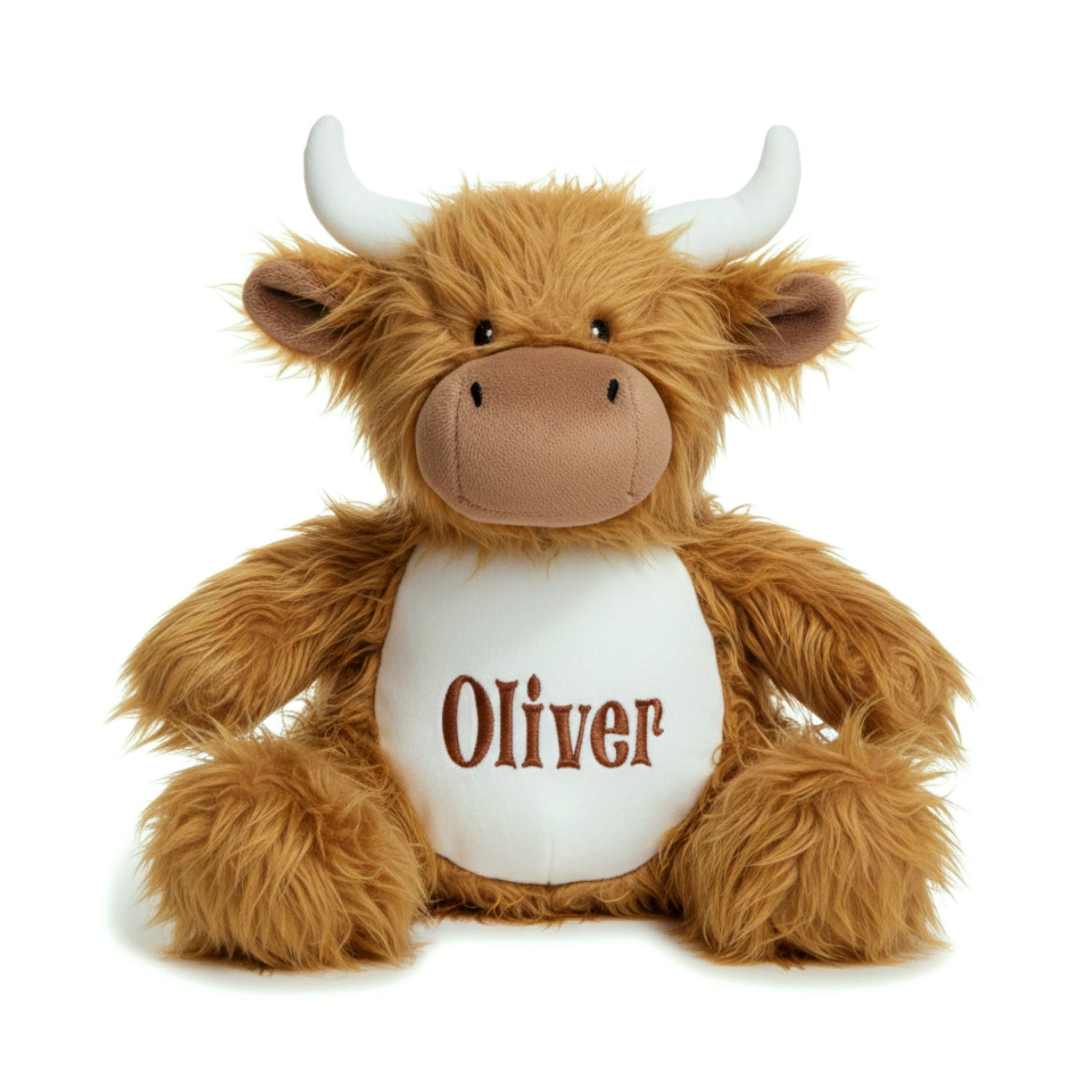 Personalised plush Highland Cow Oliver close-up front view