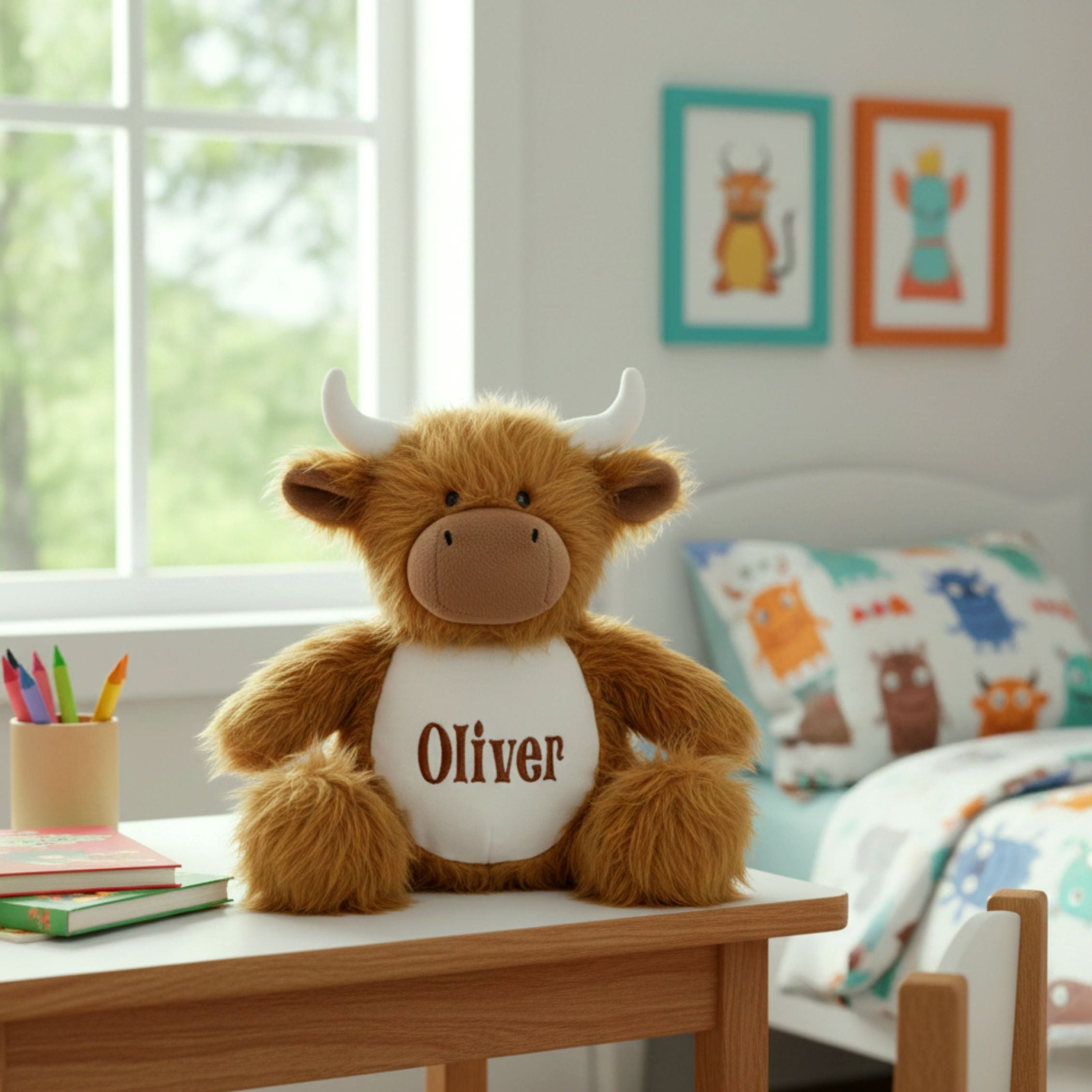 Personalised plush Highland Cow Oliver sitting on a table