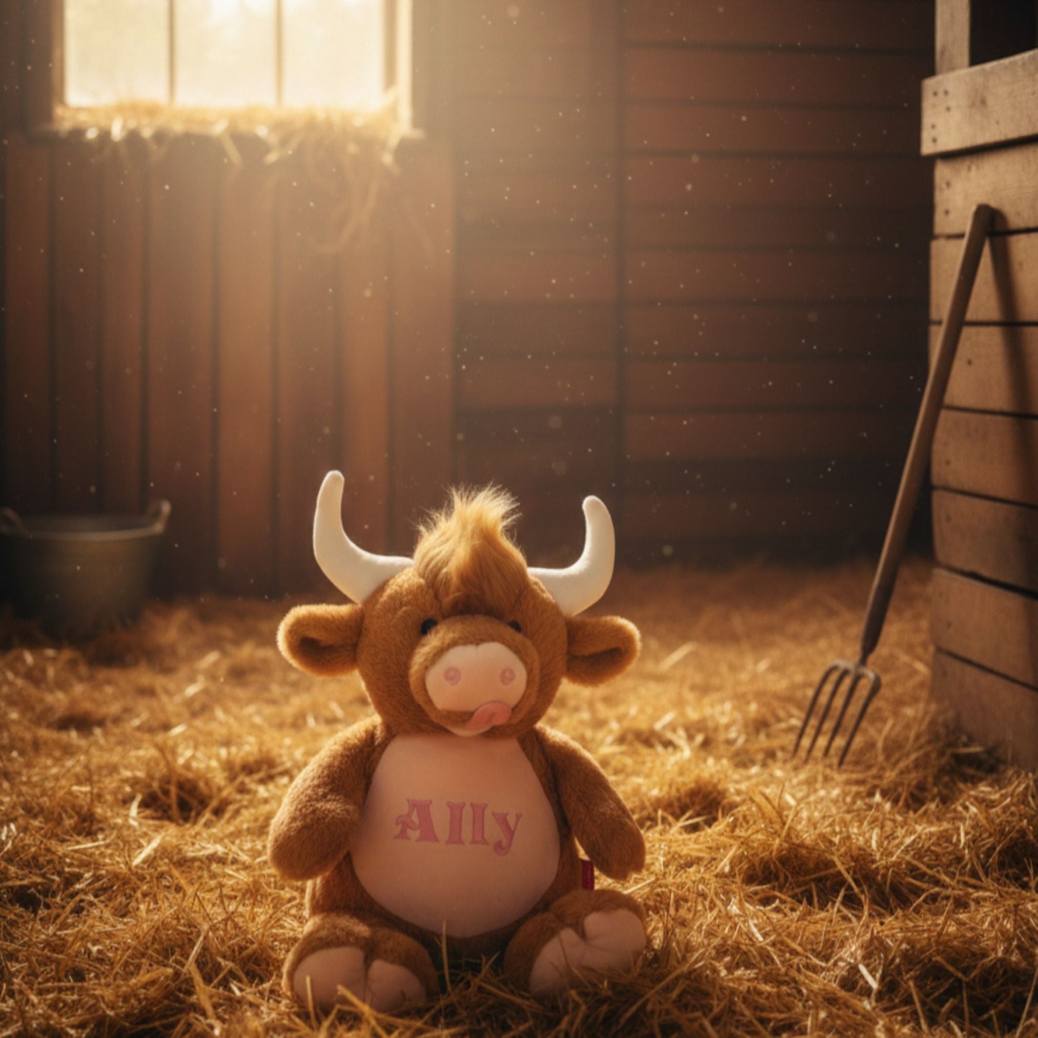 Personalised Plush Highland Cow Twix sitting on a barn – nursery décor, soft and huggable