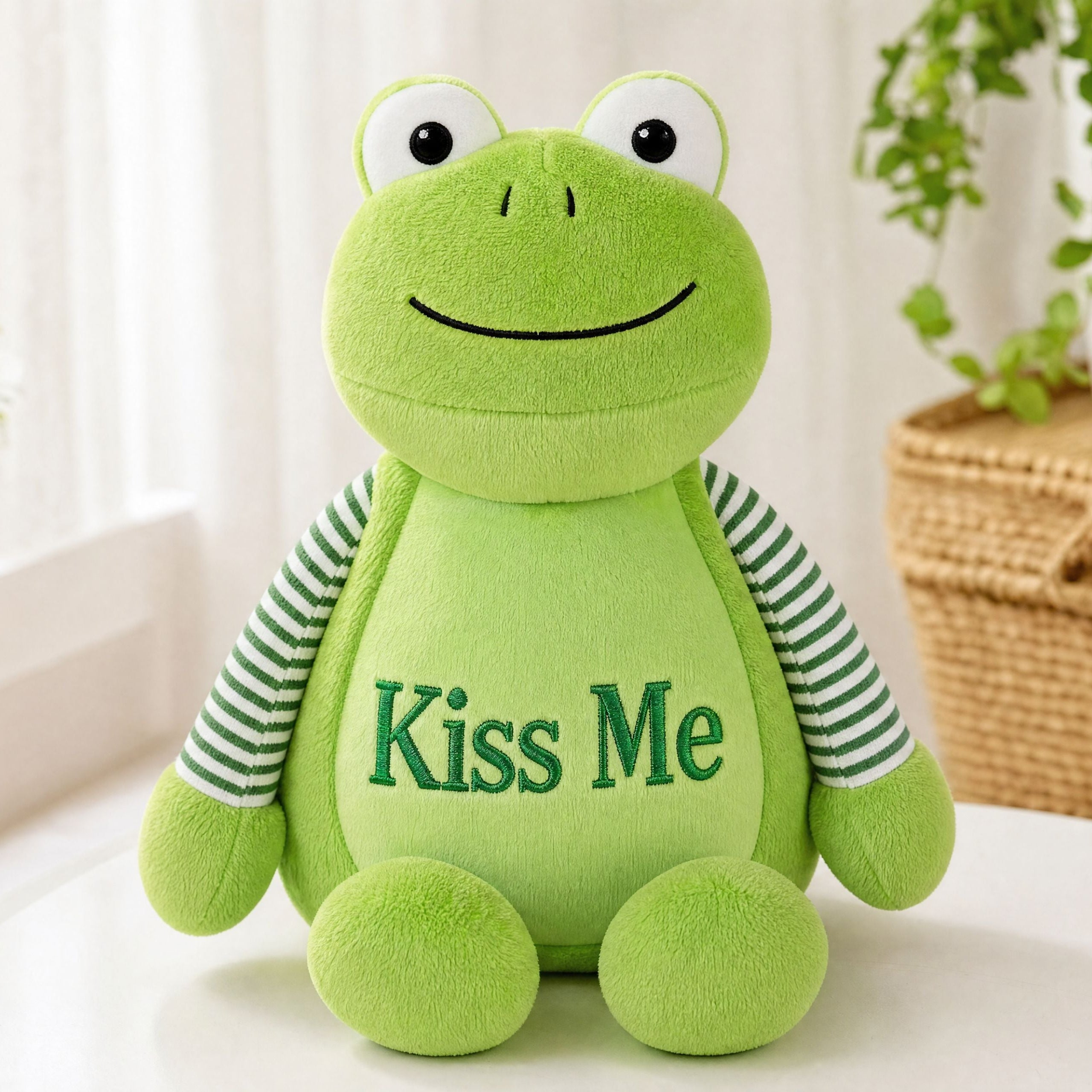 Personalised green frog plush toy Hoppy with embroidered name, front view