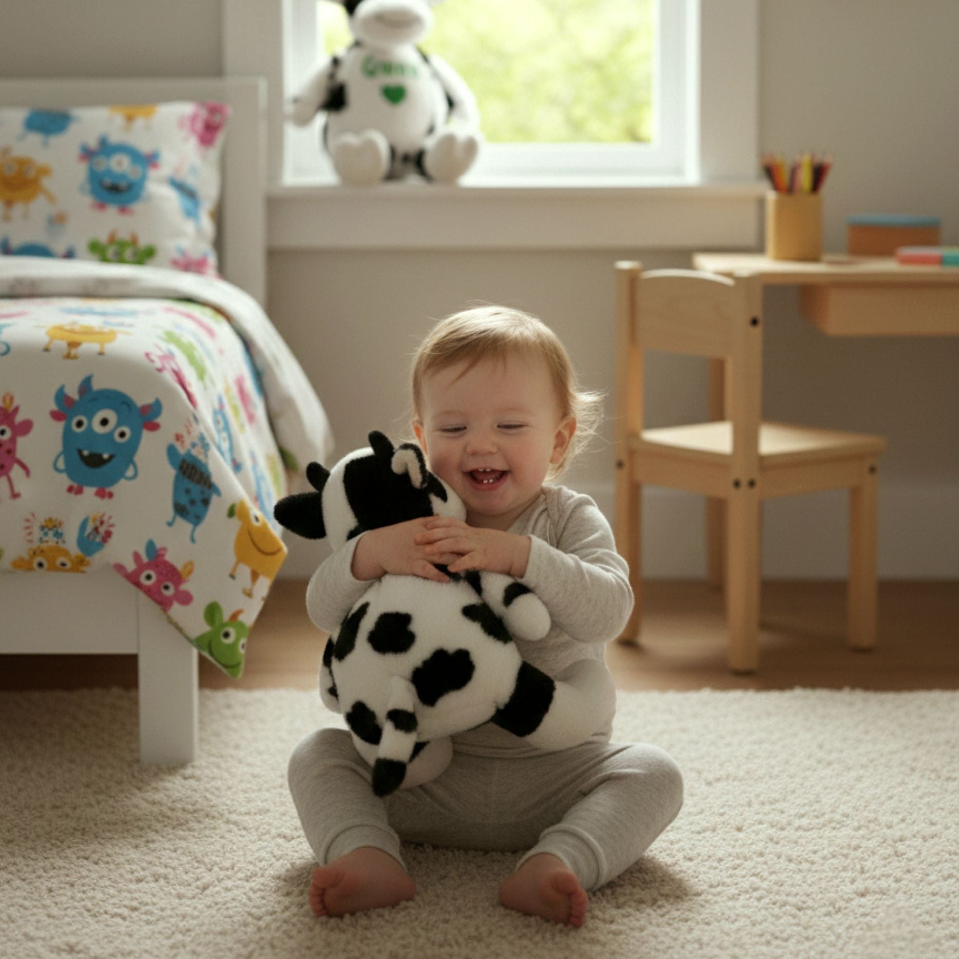 Child playing with personalised plush cow Snickers