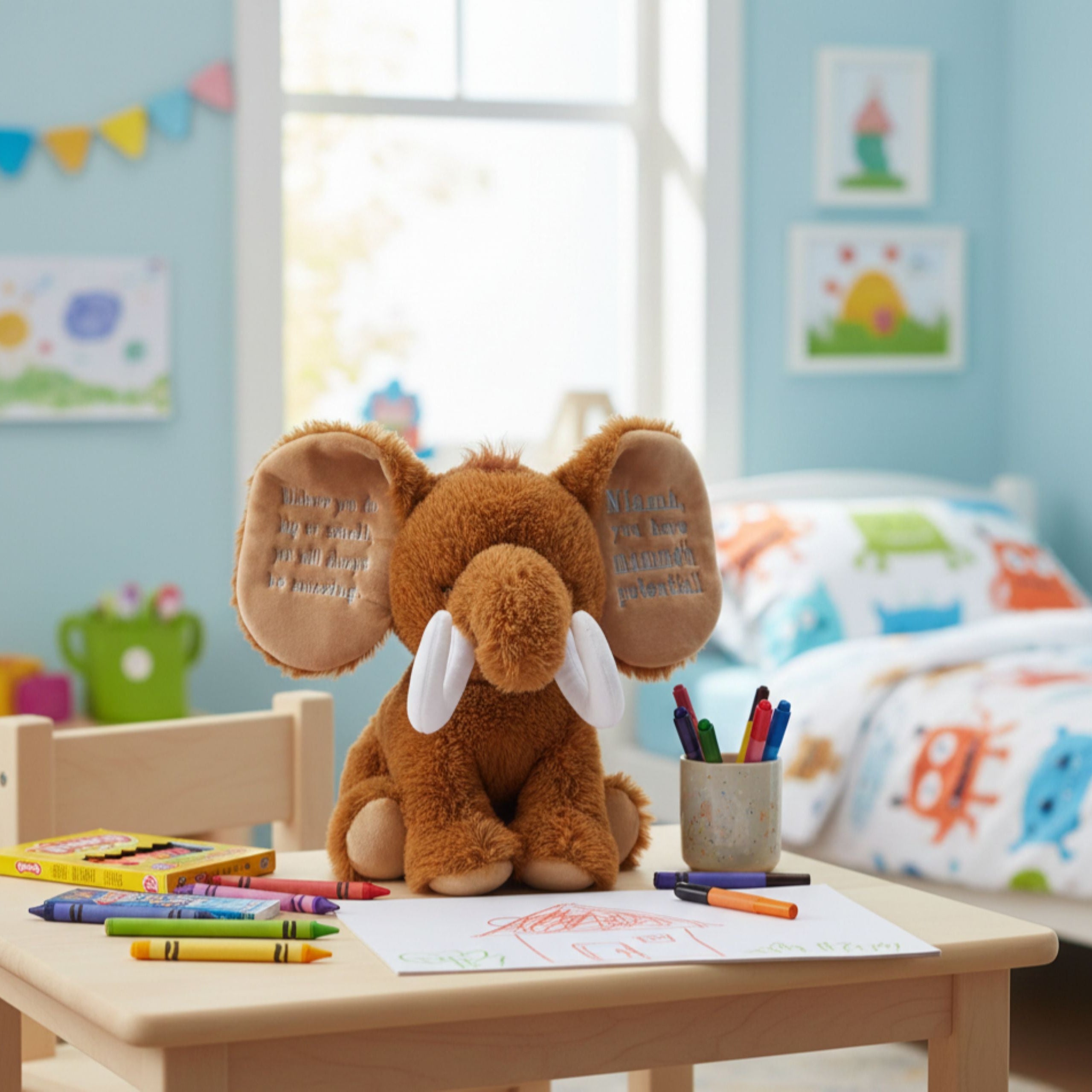 Personalised plush mammoth Fudge sitting on a small table in a child’s bedroom 🐘
