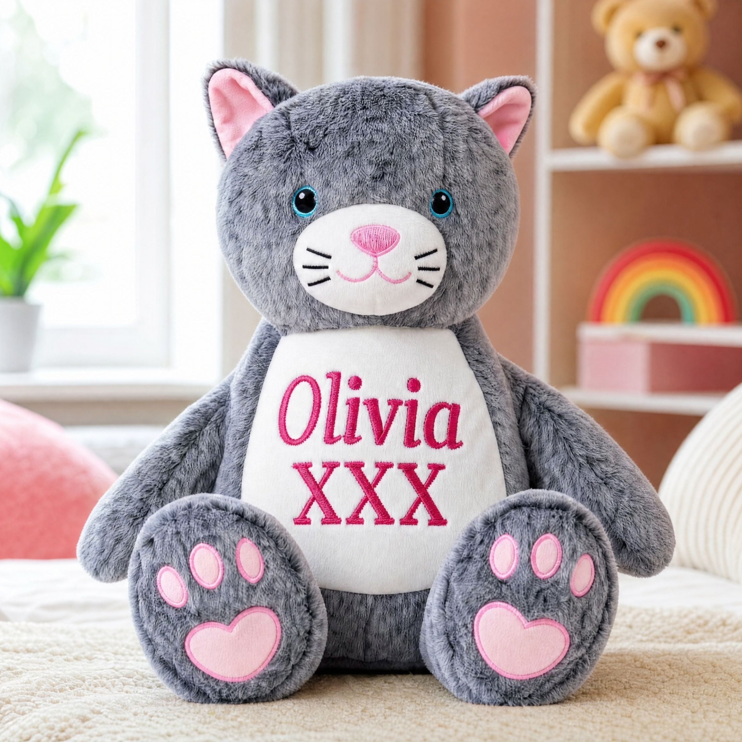 Personalised cat plush toy Marmalade with embroidered name, front view