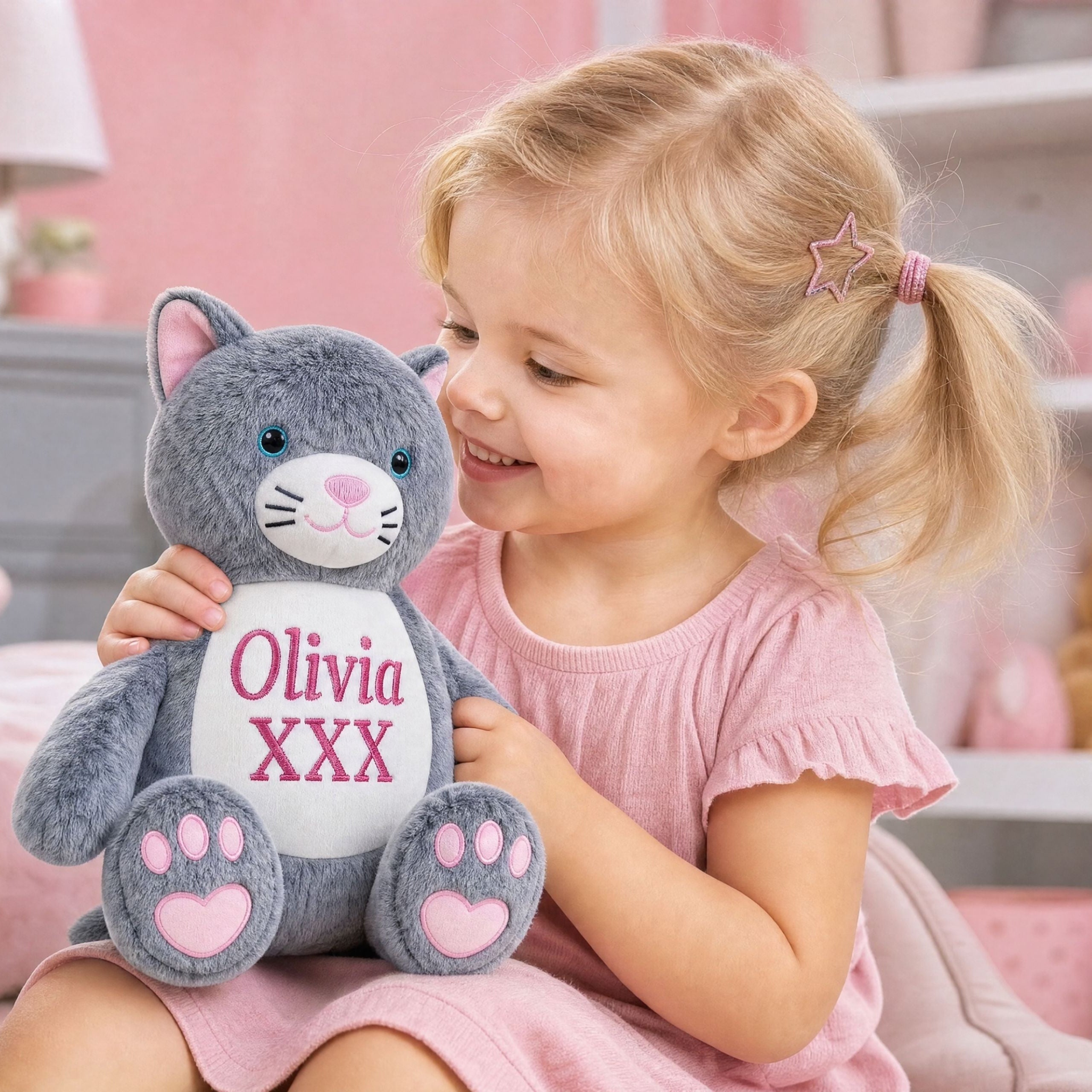 A Little Girl holding Marmalade personalised cat plush toy with embroidered name