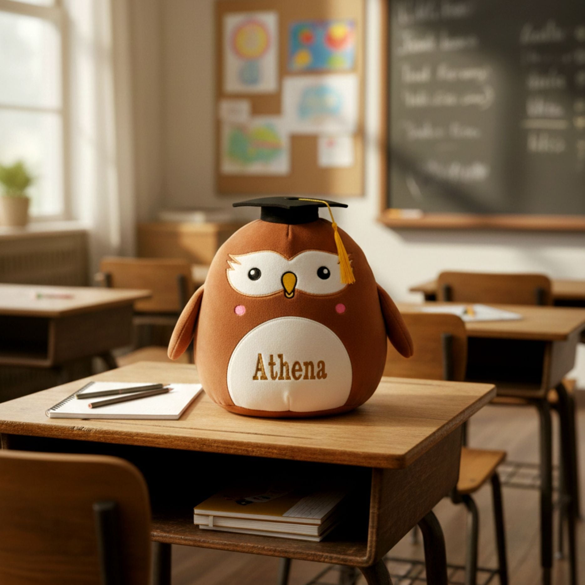 Echo the personalised graduation plush owl – front view 🦉