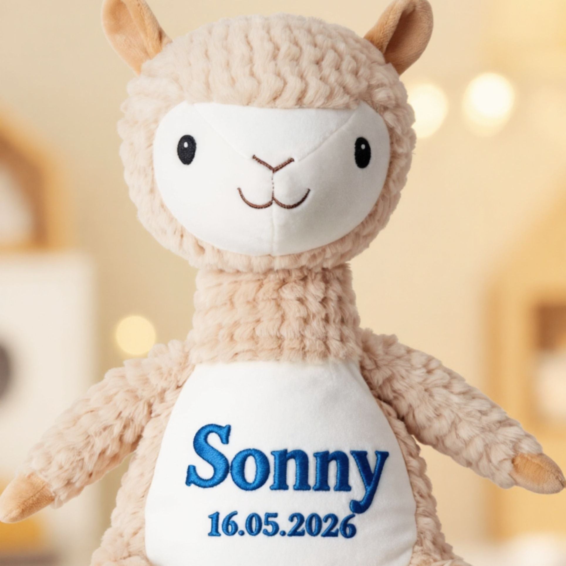 Personalised alpaca plush toy named Allie with custom embroidered name, soft cuddly alpaca gift front view
