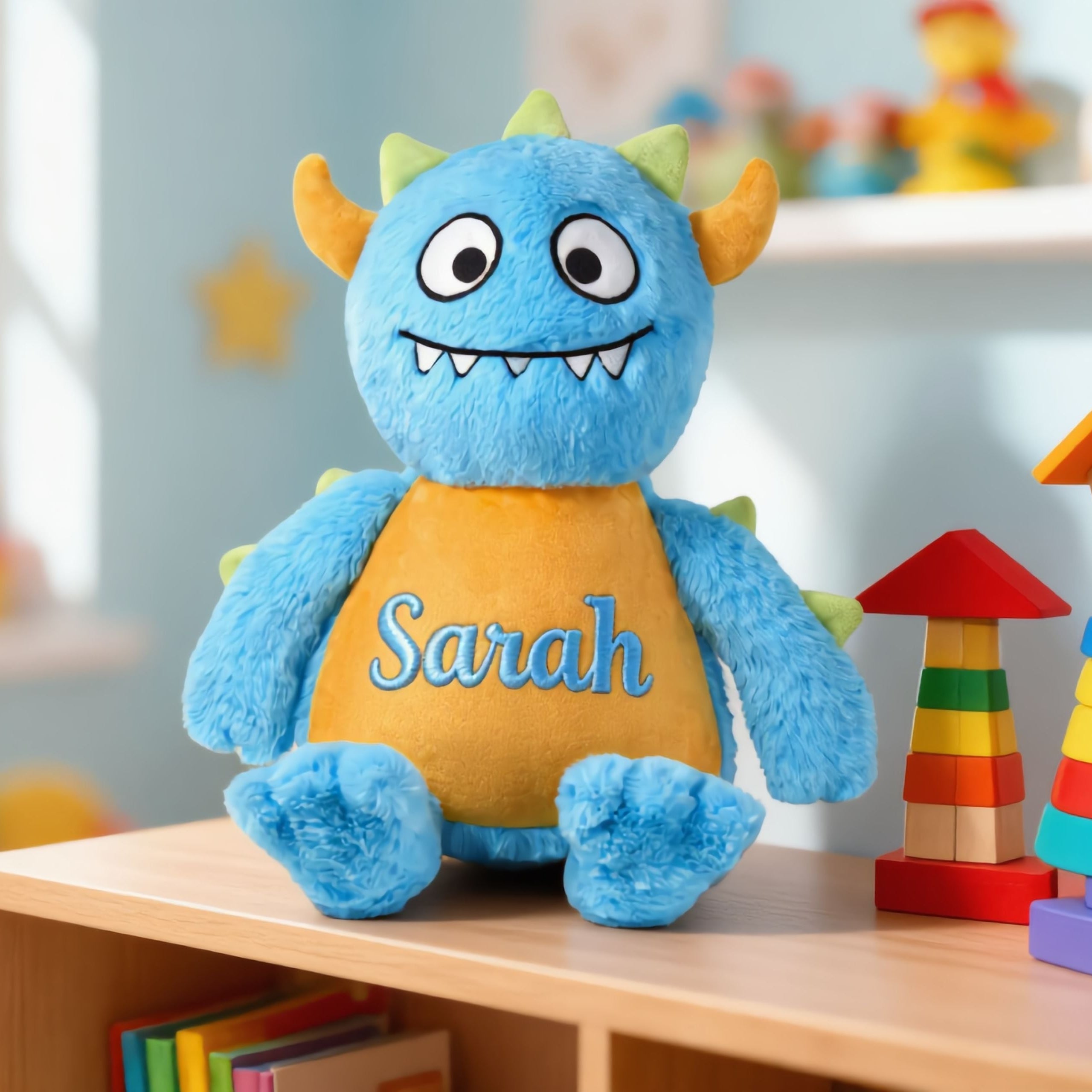 Personalised blue monster plush toy sitting on nursery shelf decoration keepsake gift