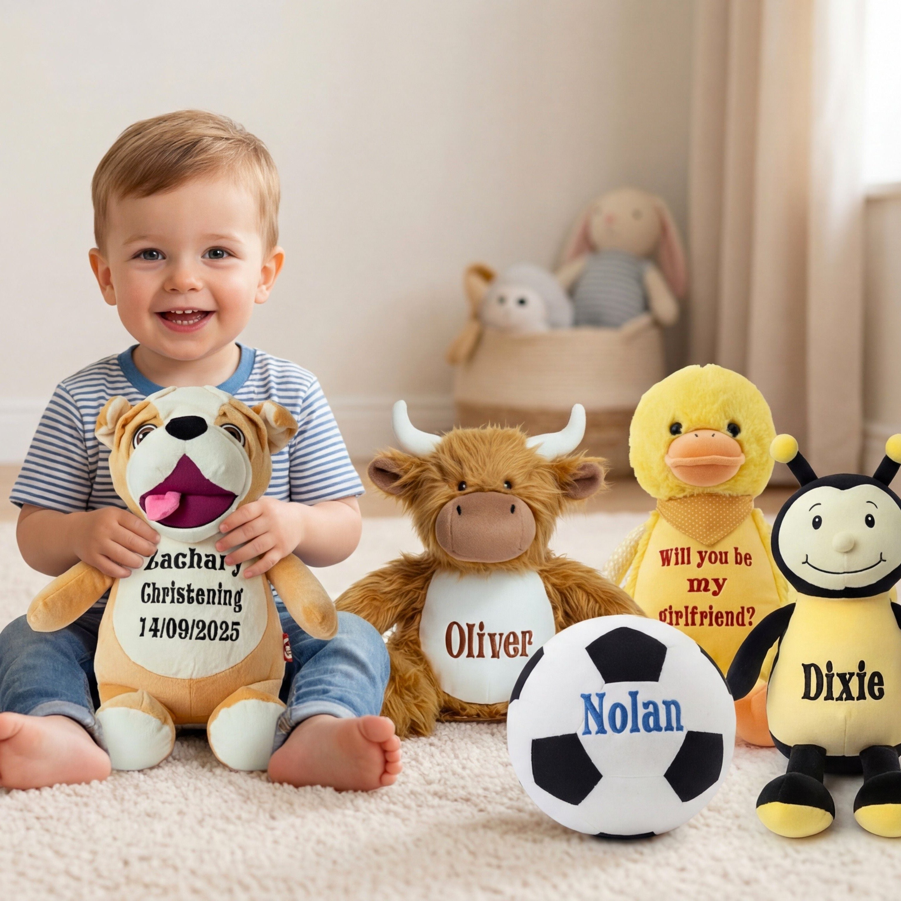 Boy sitting surrounded by personalised plush toys with custom embroidered names and messages