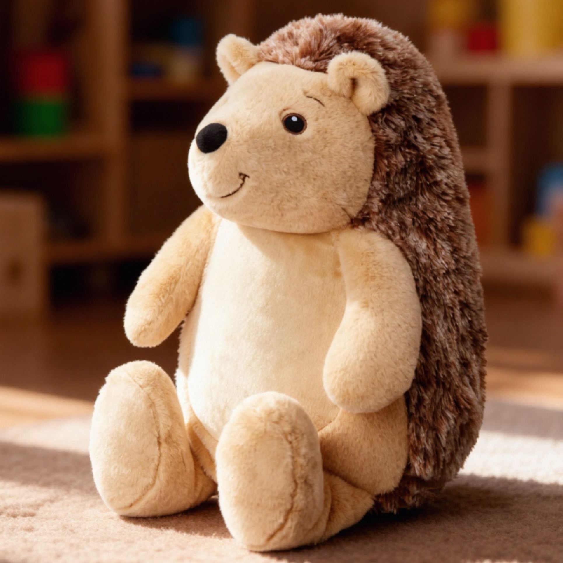 Side view of personalised Quill hedgehog plush toy with embroidered name, soft personalised keepsake gift