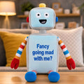 Personalised robot plush toy with embroidered name, front view