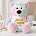 Personalised tie dye bear with embroidered name, colourful plush teddy bear front view