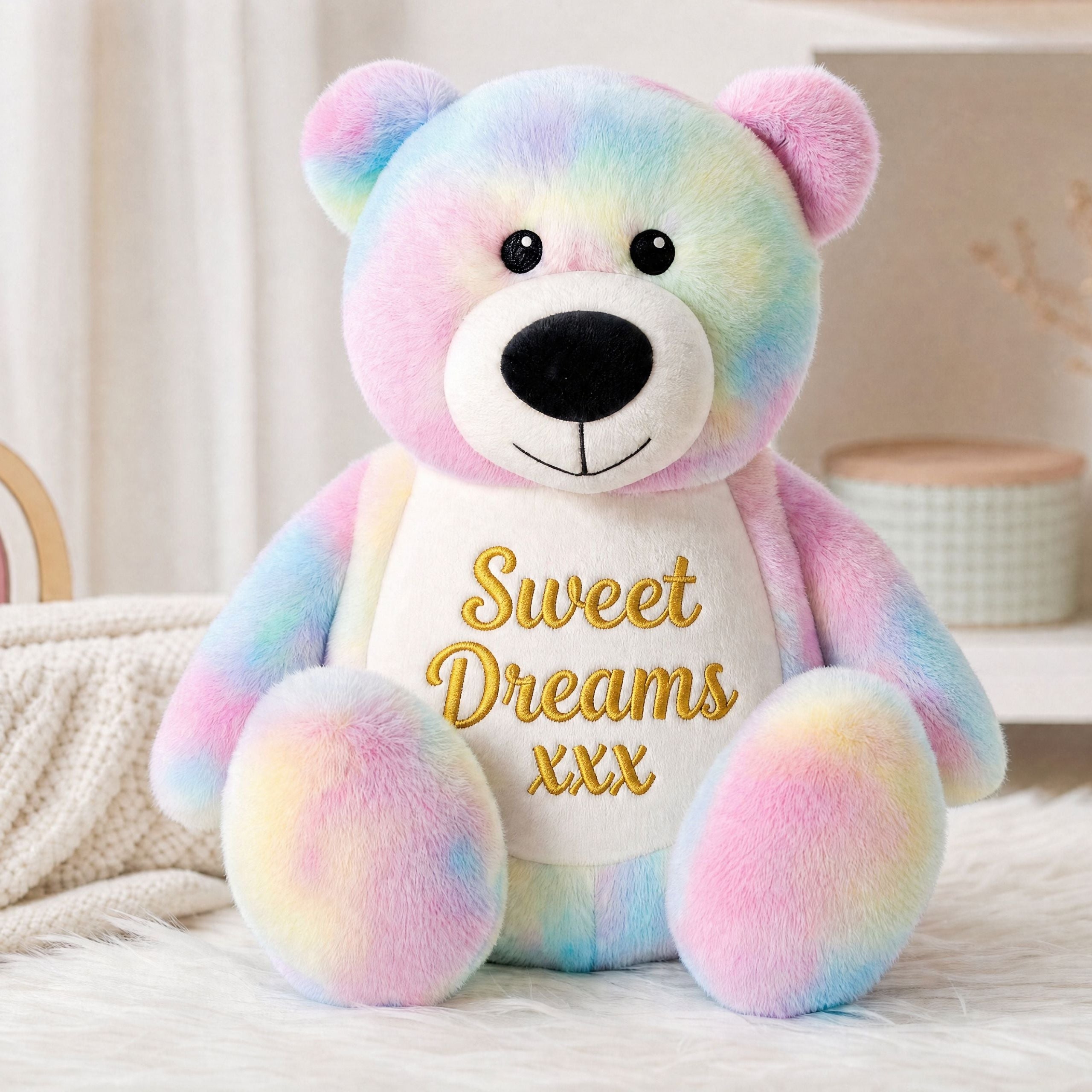 Personalised tie dye bear with embroidered name, colourful plush teddy bear front view