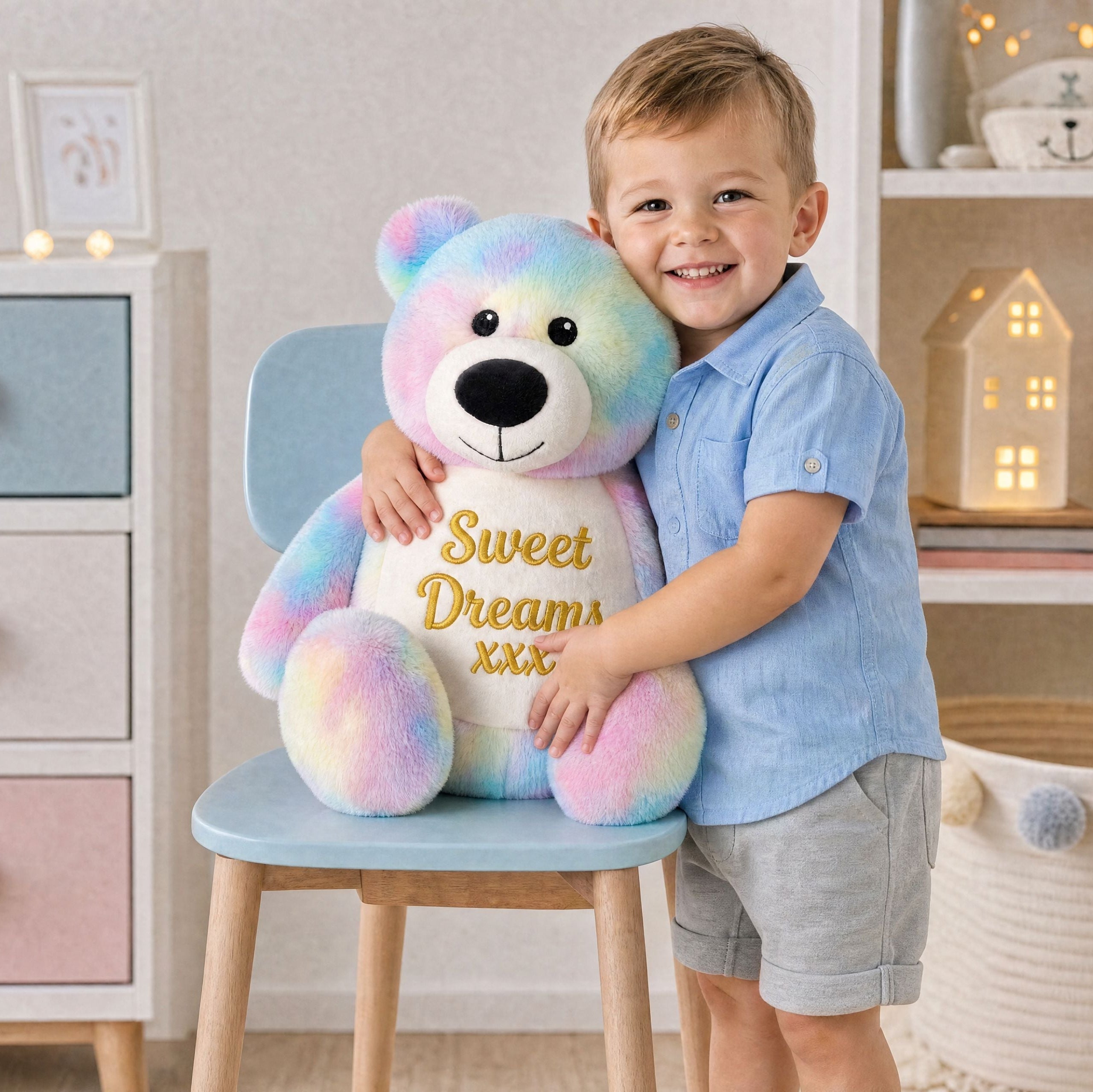 Child holding a personalised tie dye teddy bear with embroidered name