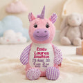 Front view of personalised unicorn embroidered blanket with custom name, baby gift keepsake