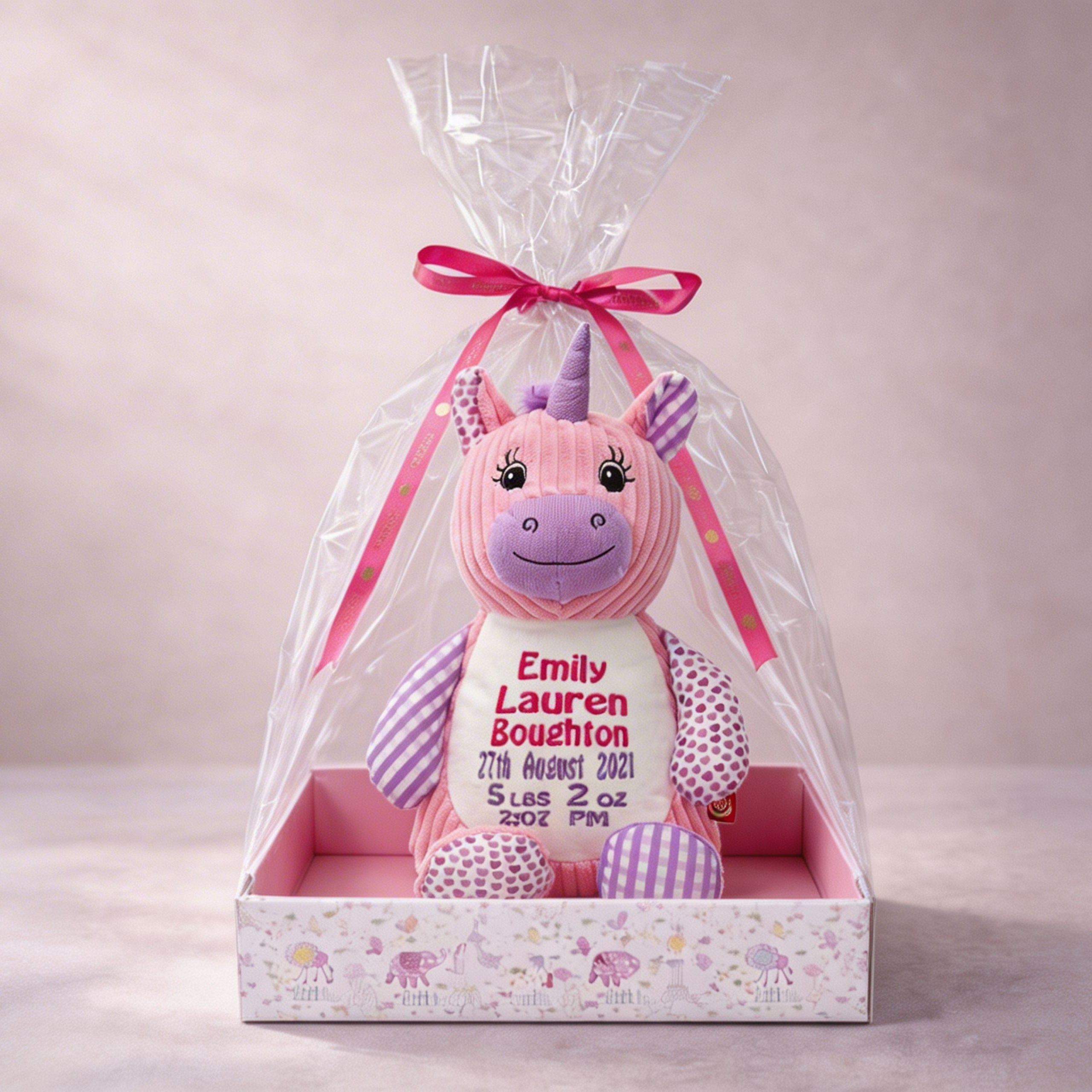 Personalised unicorn with embroidered name in pink gift box baby gift