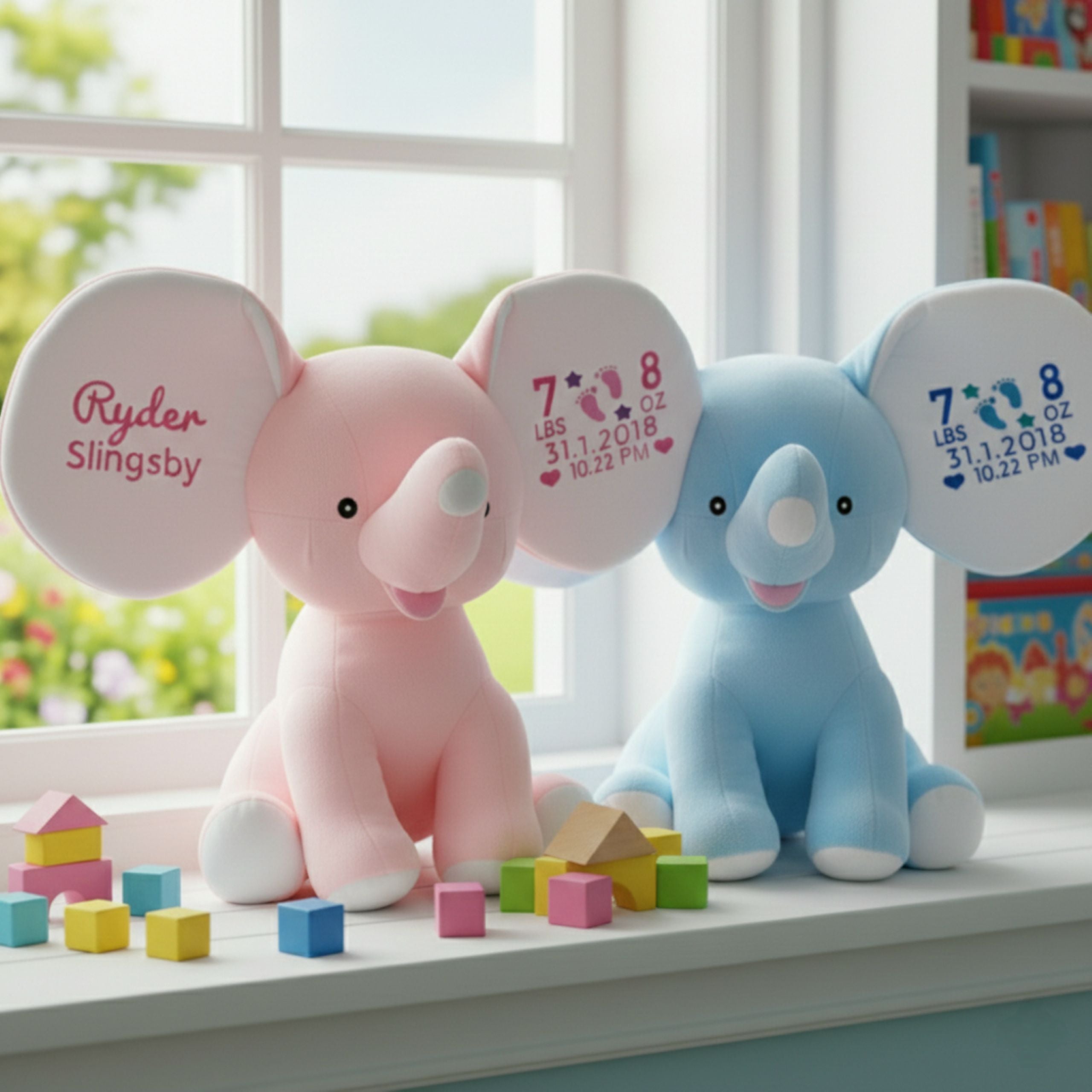 Two personalised plush elephants – pink Daisy and a blue version – side by side