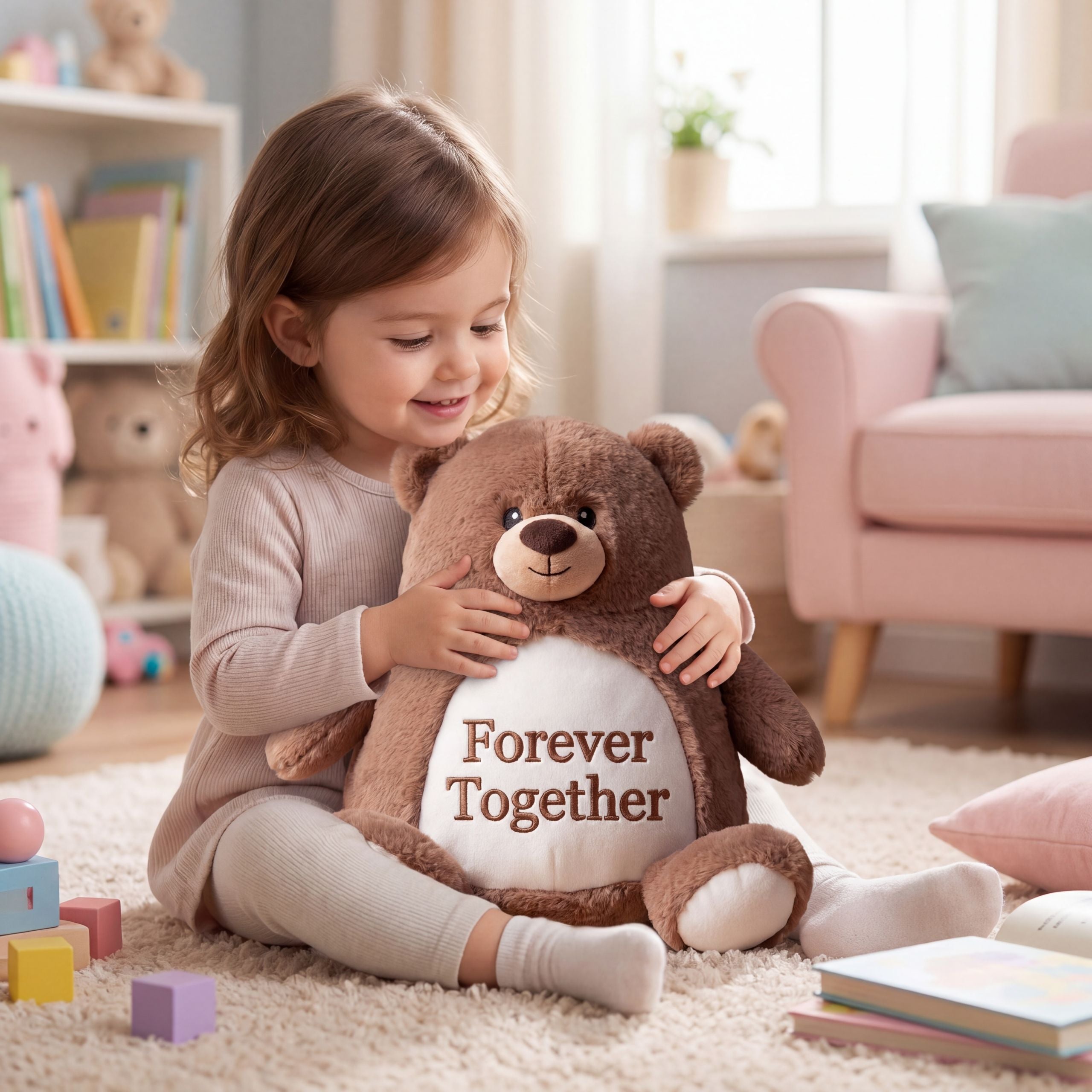 Young girl playing happily with a soft plush teddy bear, holding it in her arms during a joyful play moment