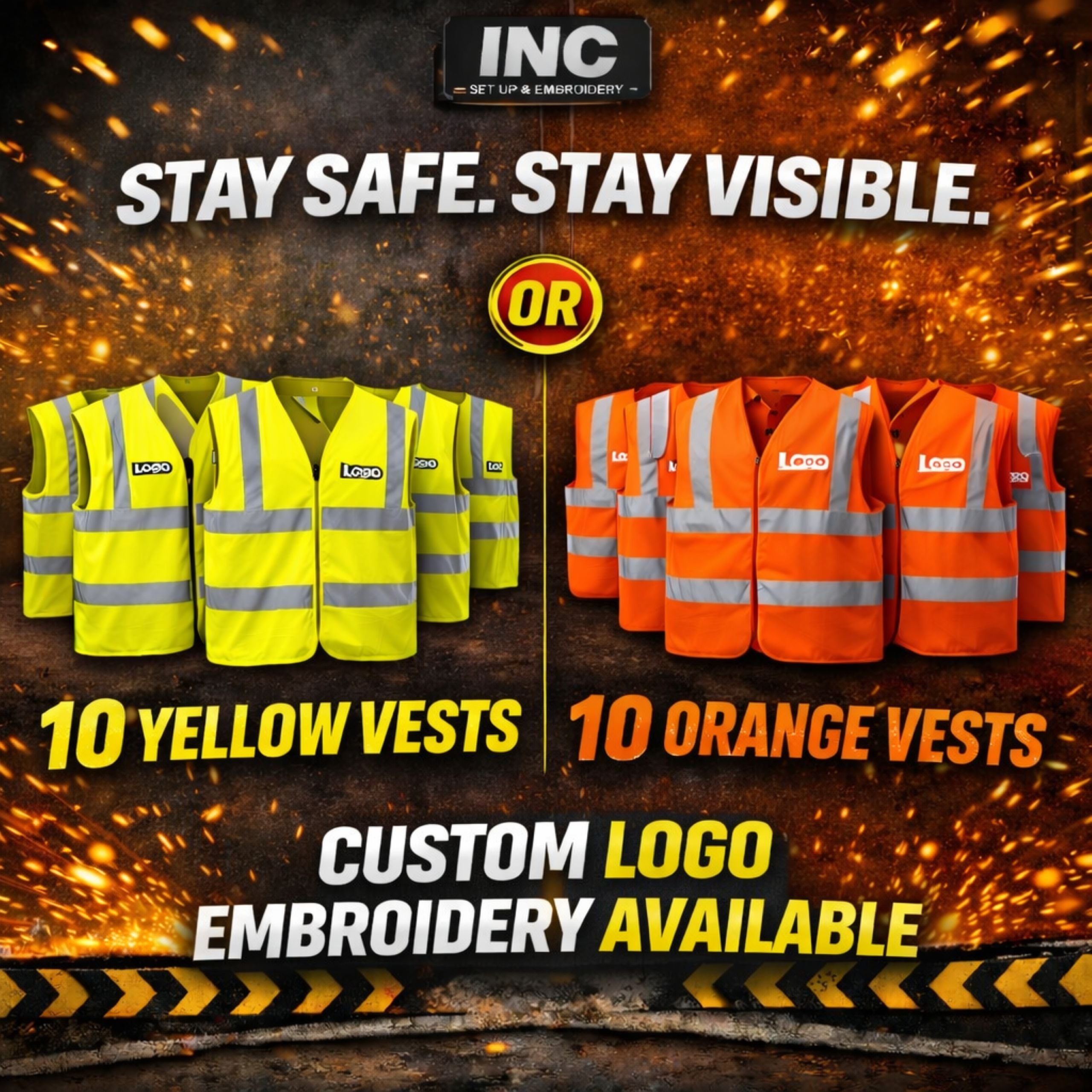 Pack of 10 workwear safety vests with embroidered logo on left chest, high-visibility yellow and orange