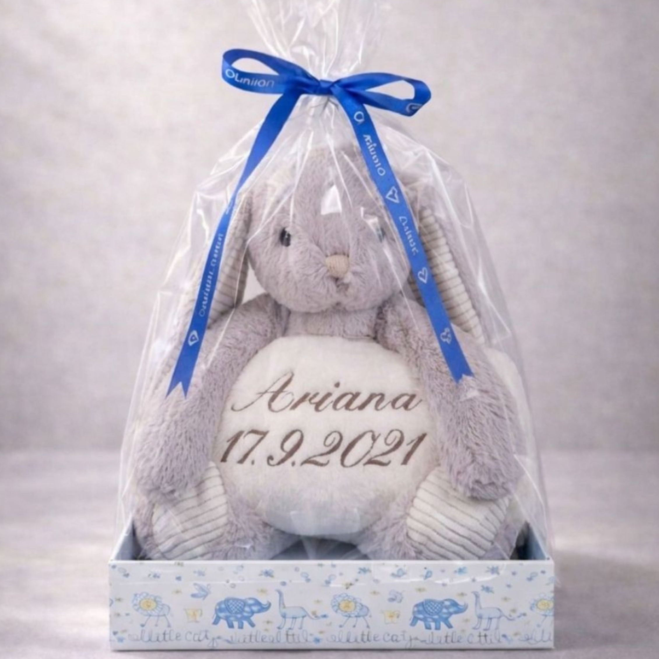 Meet Snapy personalised bunny holding embroidered fleece blanket in blue gift box UK baby gift