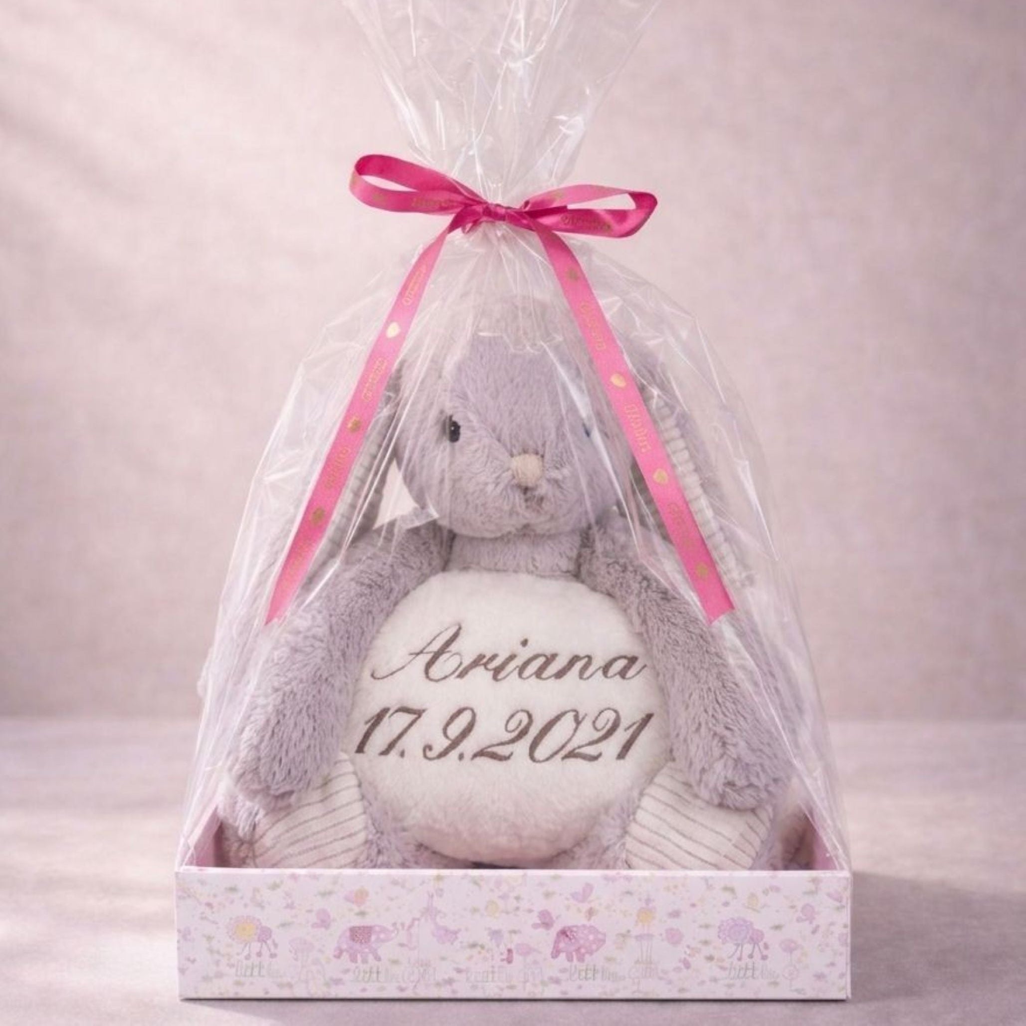 Meet Snapy personalised bunny holding embroidered fleece blanket in pink gift box UK baby gift