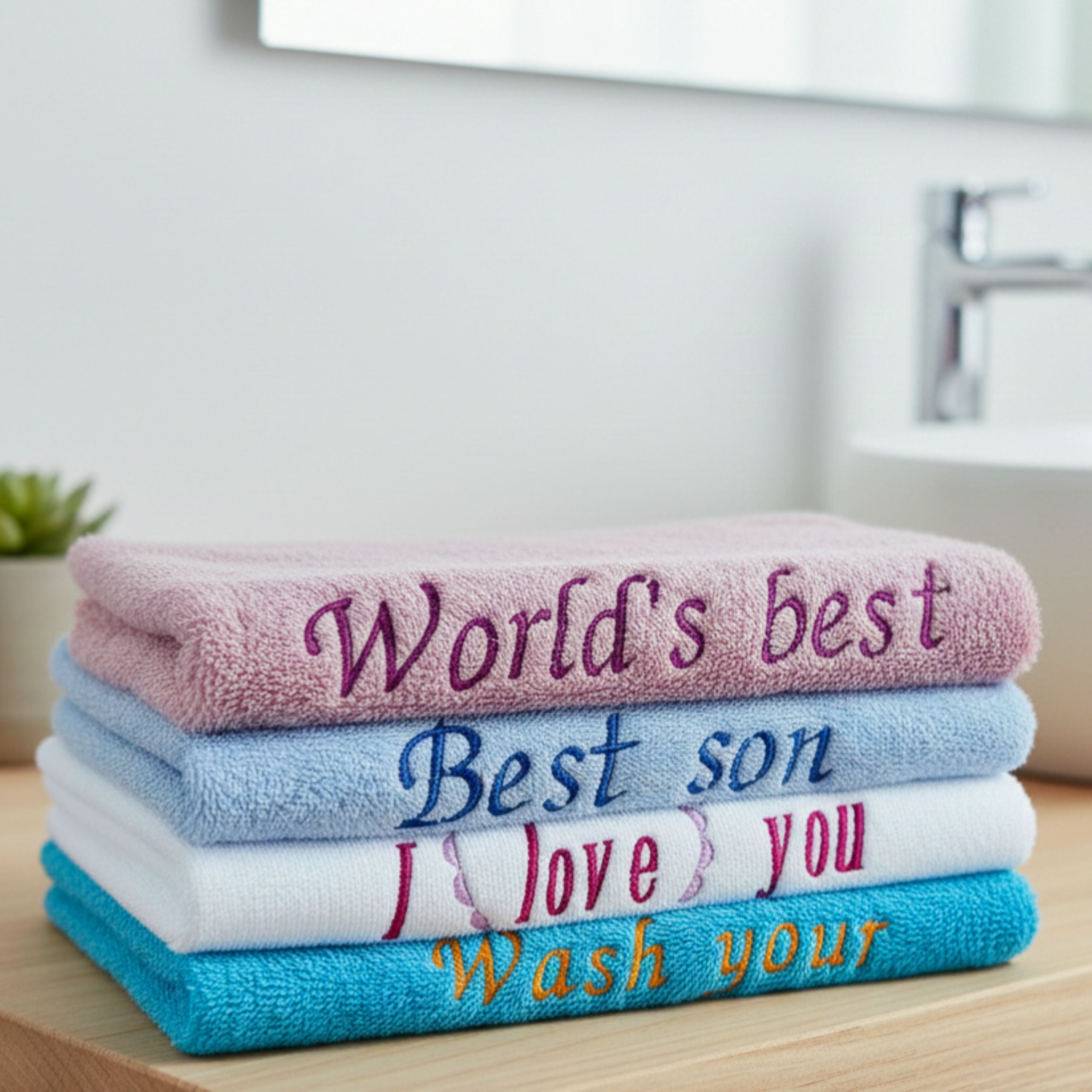 Stacked embroidered personalised towels in luxury cotton