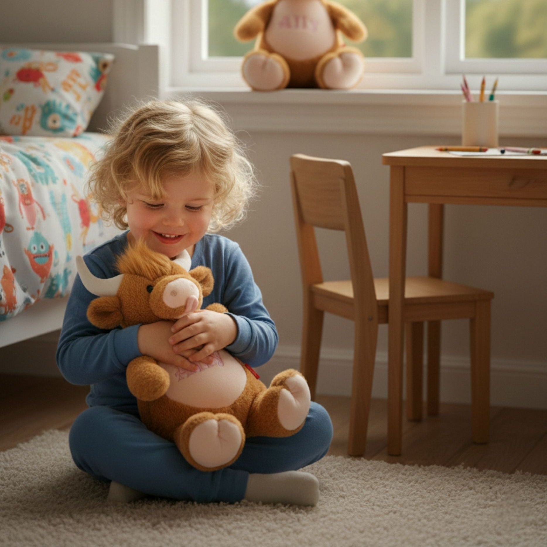 Child hugging Personalised Plush Highland Cow Twix – perfect personalised gift for toddlers and children