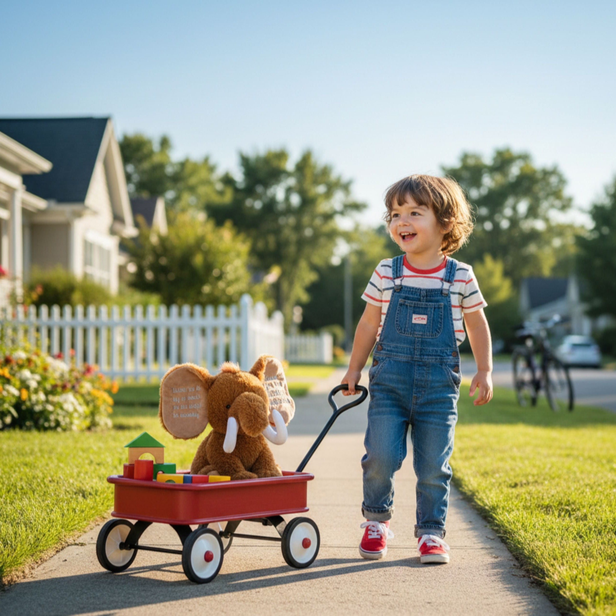 Fudge the personalised plush mammoth on a wooden cart, pulled by a child outdoors