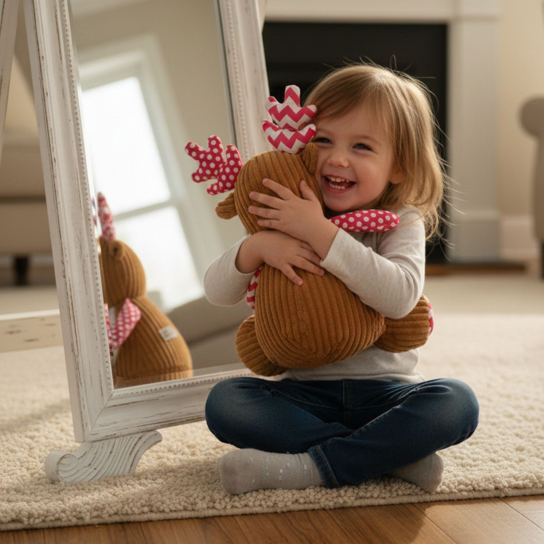 Girl hugging and playing with personalised plush deer Snowy